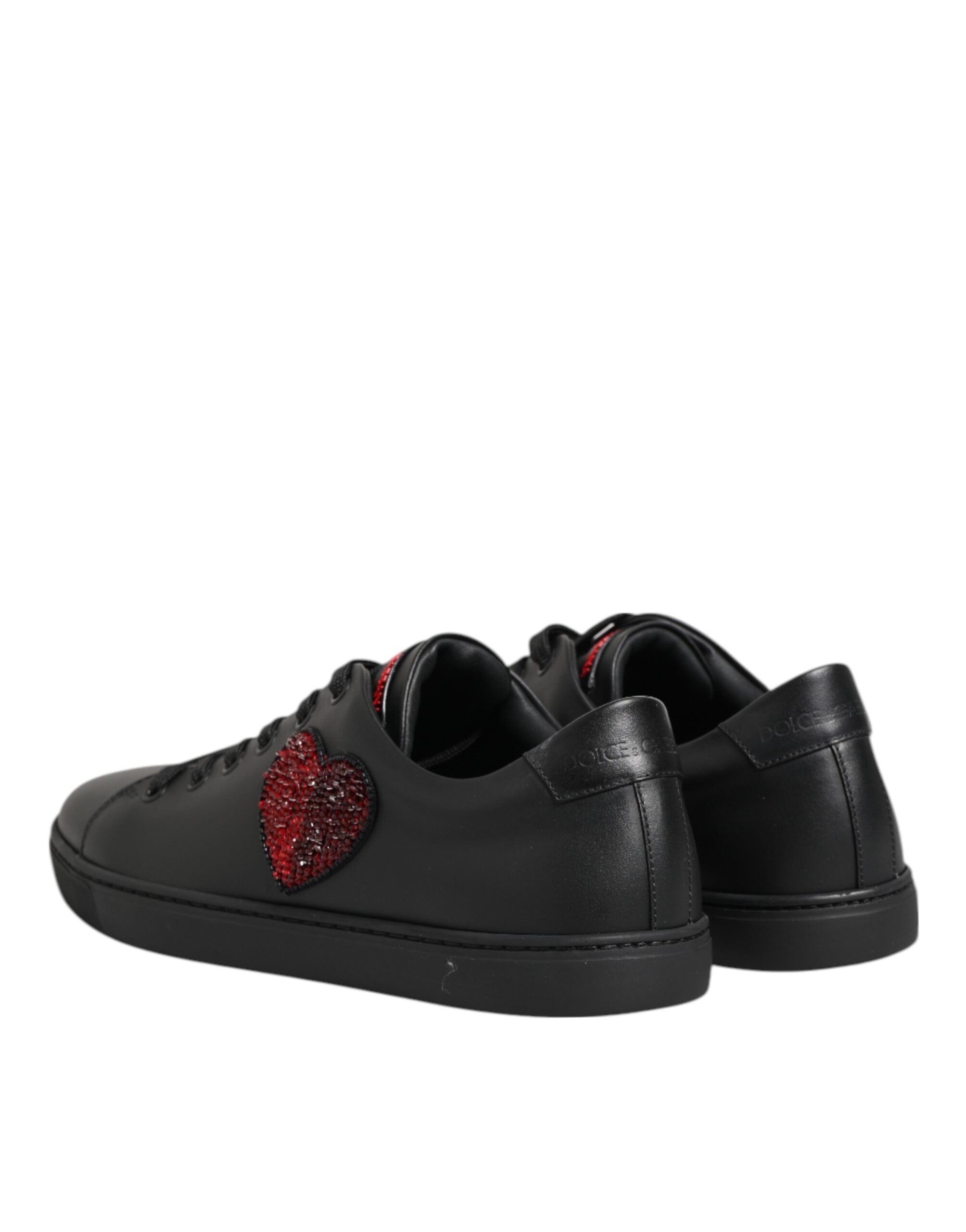Dolce & Gabbana Black Leather Crystal Heart Low Top Sneakers Women's Shoes