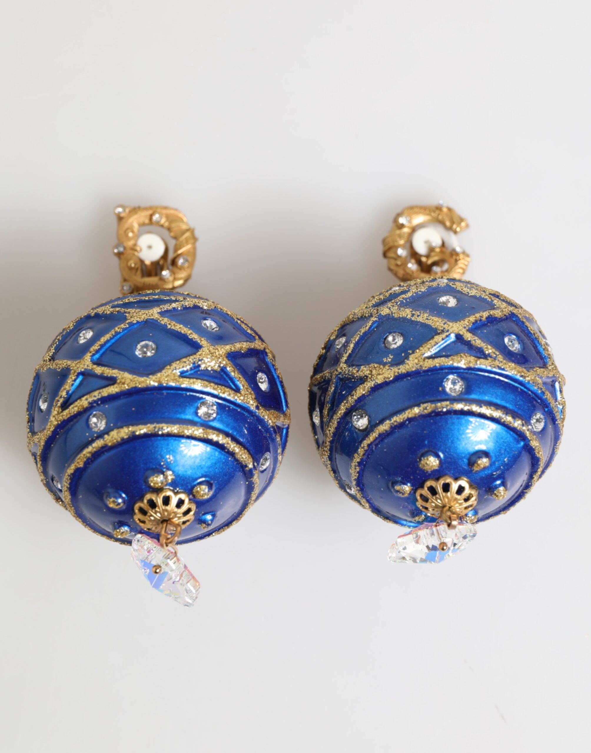 Dolce & Gabbana Gold Brass Blue Christmas Ball Crystal Drop Clip On Women's Earrings