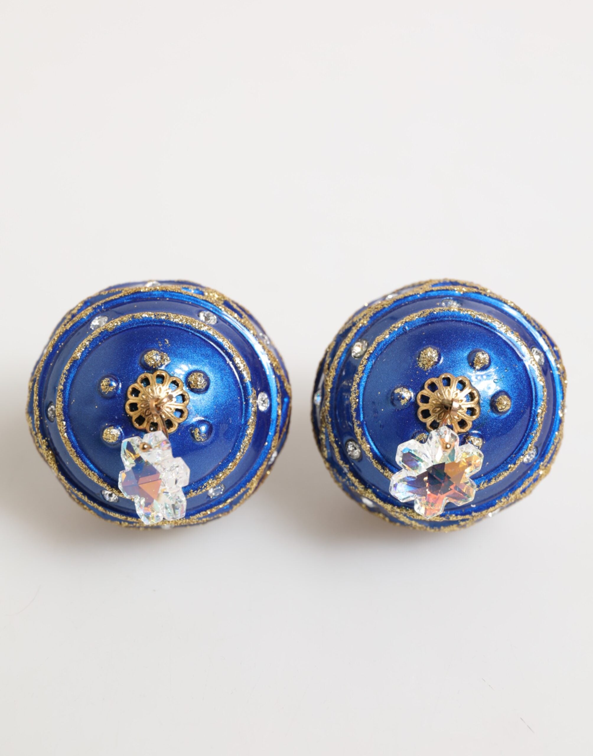Dolce & Gabbana Gold Brass Blue Christmas Ball Crystal Drop Clip On Women's Earrings