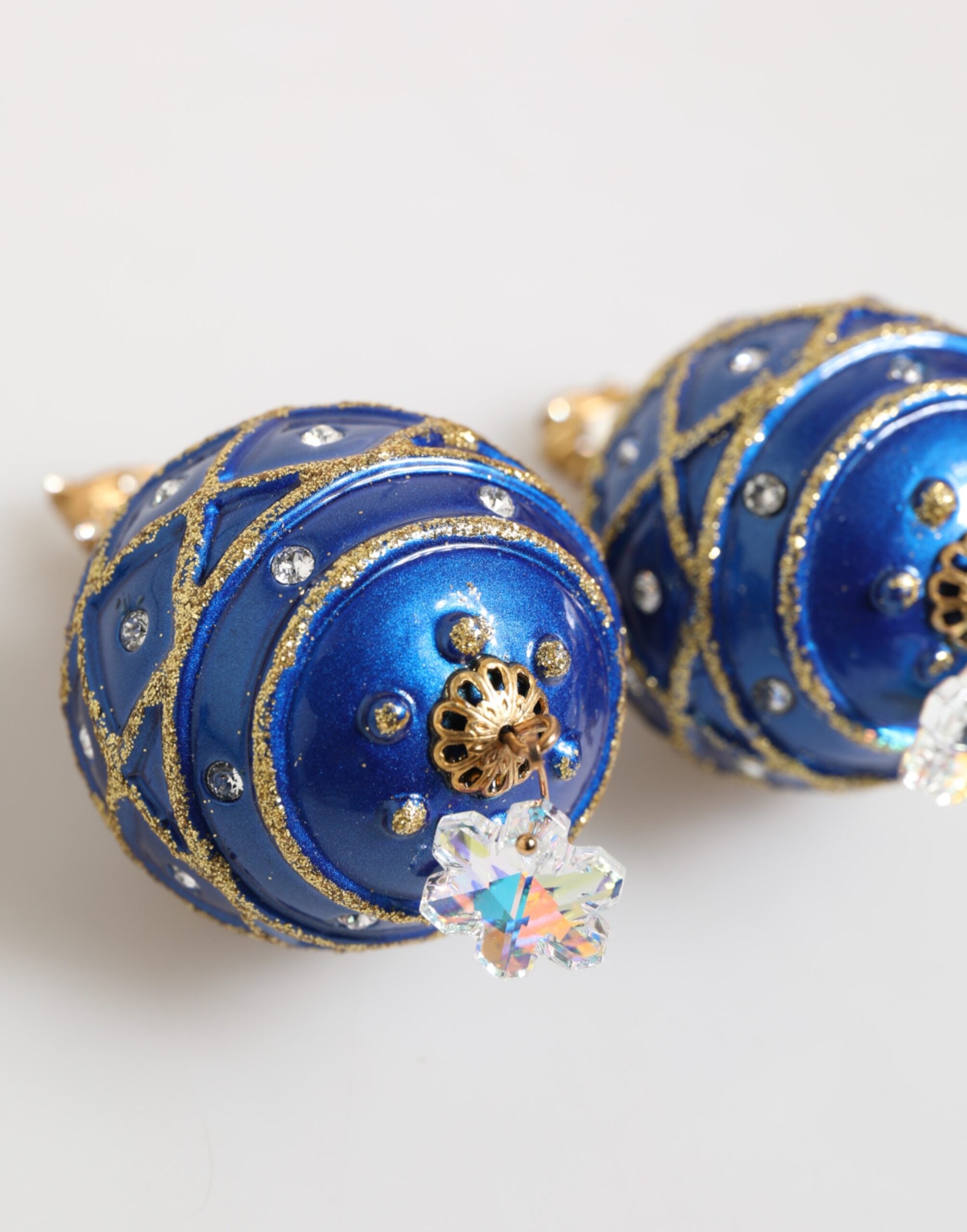 Dolce & Gabbana Gold Brass Blue Christmas Ball Crystal Drop Clip On Women's Earrings