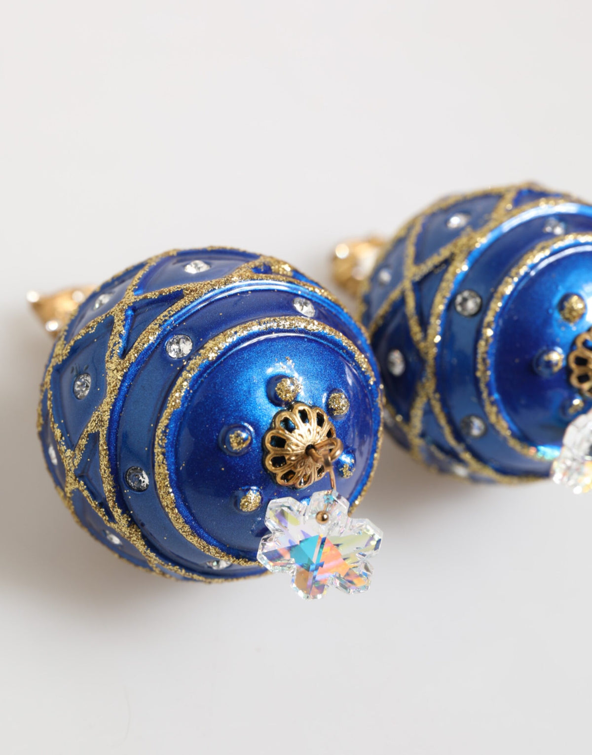 Dolce & Gabbana Gold Brass Blue Christmas Ball Crystal Drop Clip On Women's Earrings