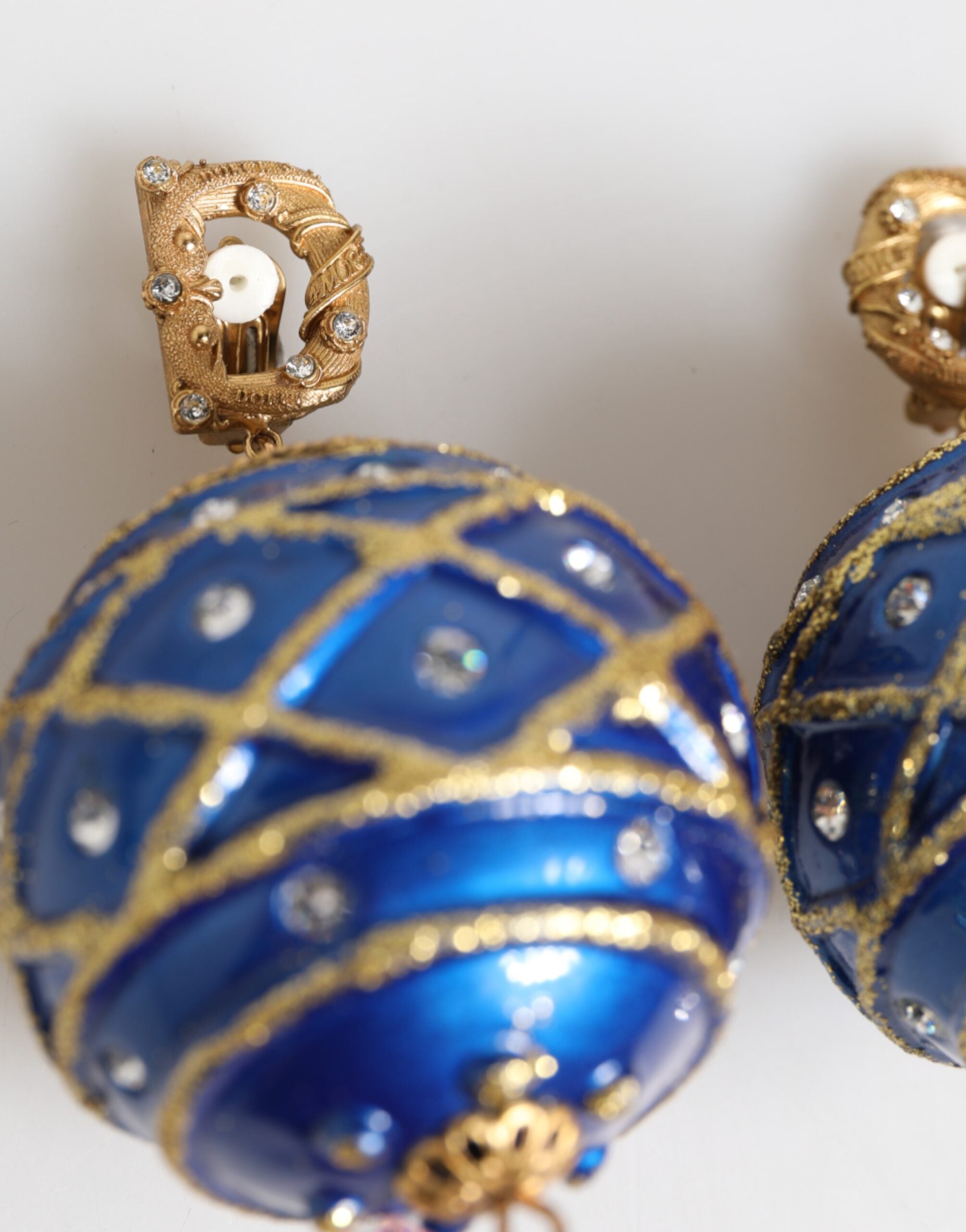 Dolce & Gabbana Gold Brass Blue Christmas Ball Crystal Drop Clip On Women's Earrings