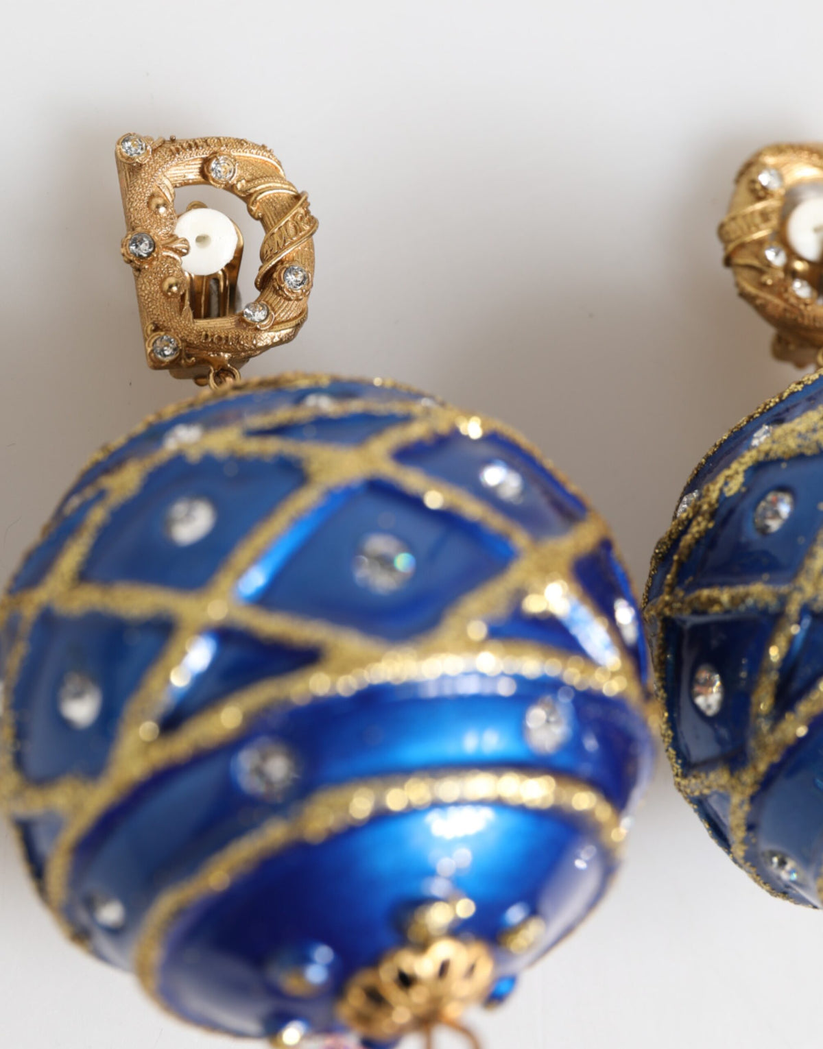 Dolce & Gabbana Gold Brass Blue Christmas Ball Crystal Drop Clip On Women's Earrings