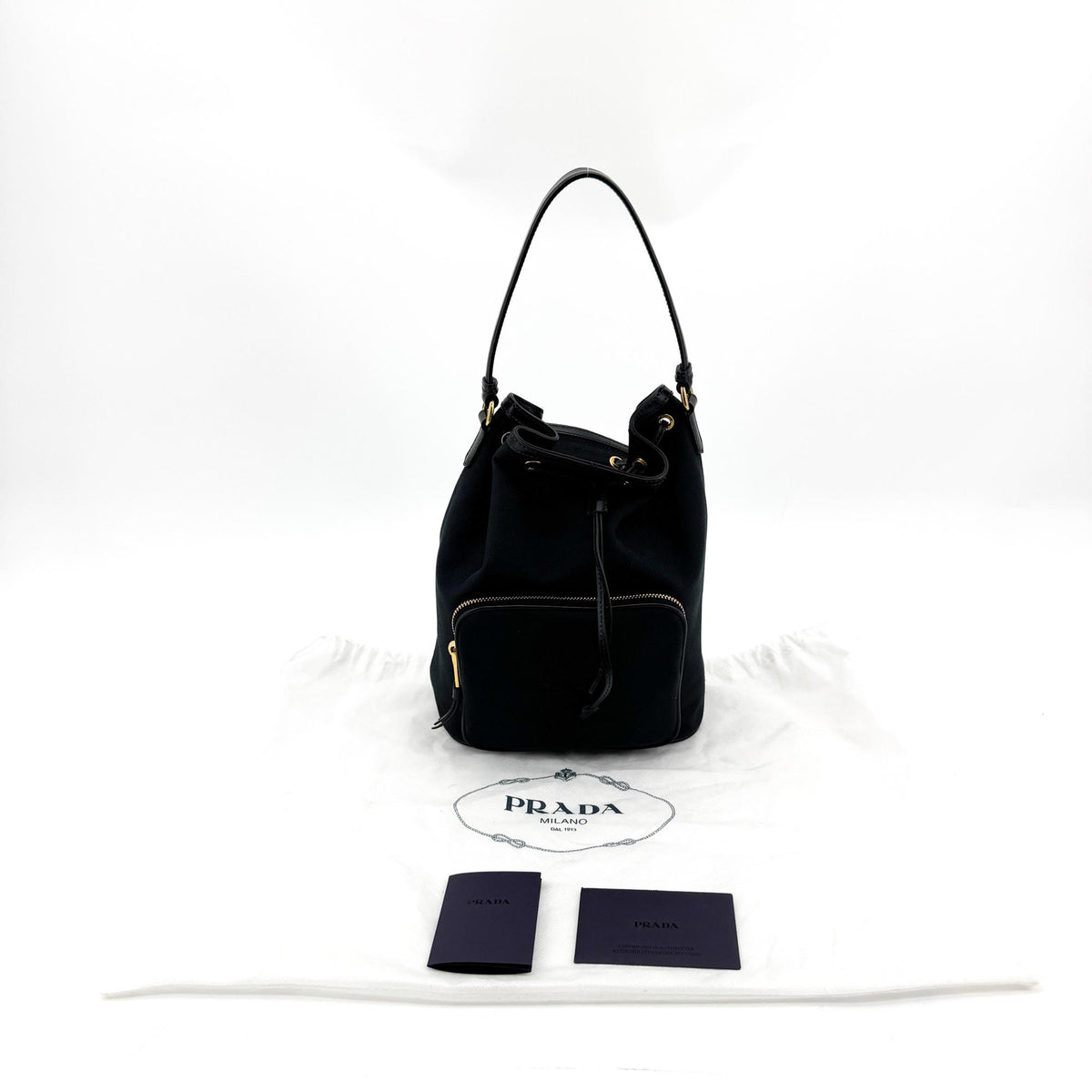 Prada Duet Drawstring Bucket Tessuto Black Canvas Handbag (Pre-Owned)