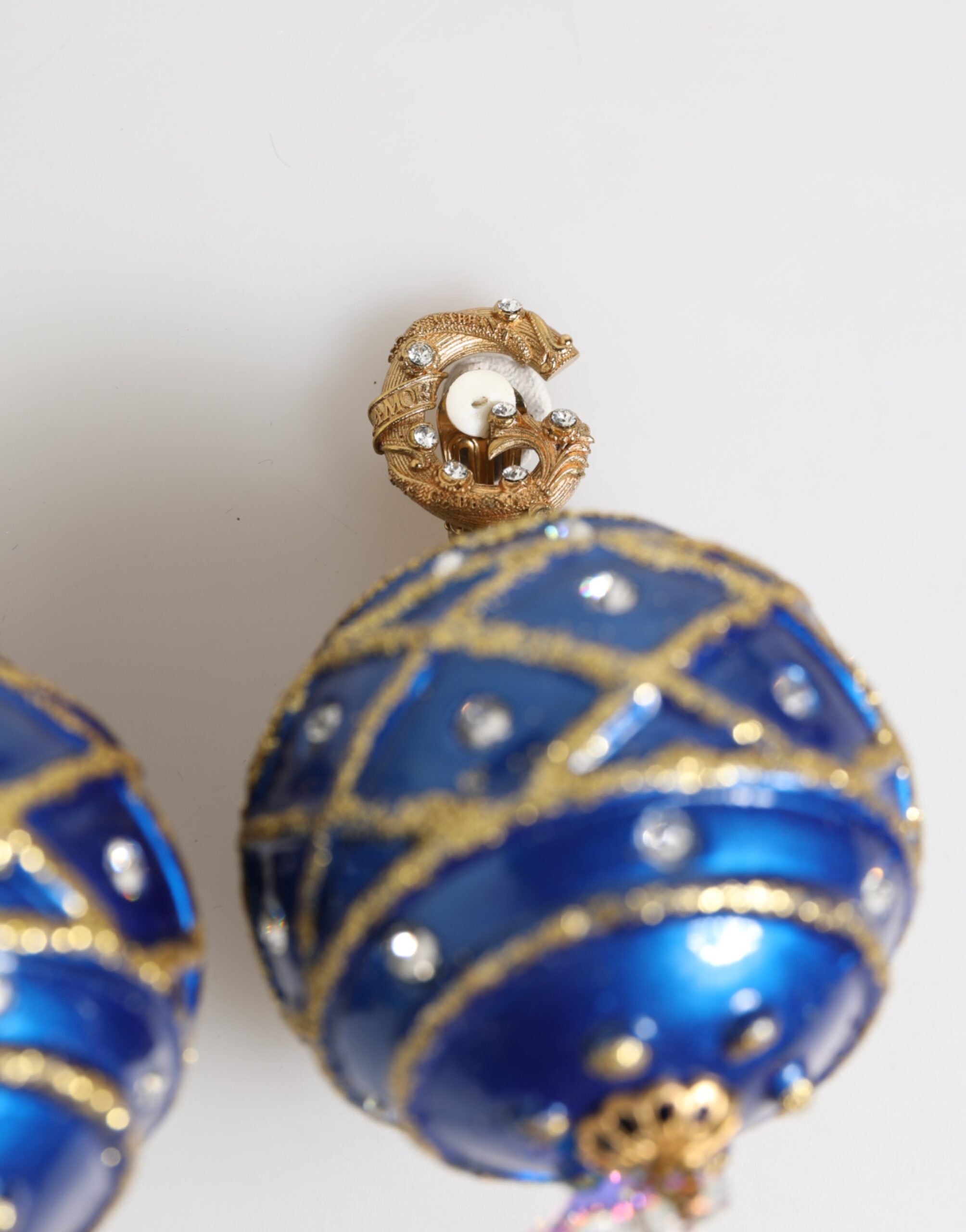 Dolce & Gabbana Gold Brass Blue Christmas Ball Crystal Drop Clip On Women's Earrings