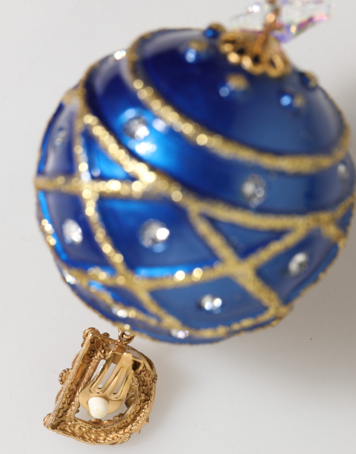 Dolce & Gabbana Gold Brass Blue Christmas Ball Crystal Drop Clip On Women's Earrings