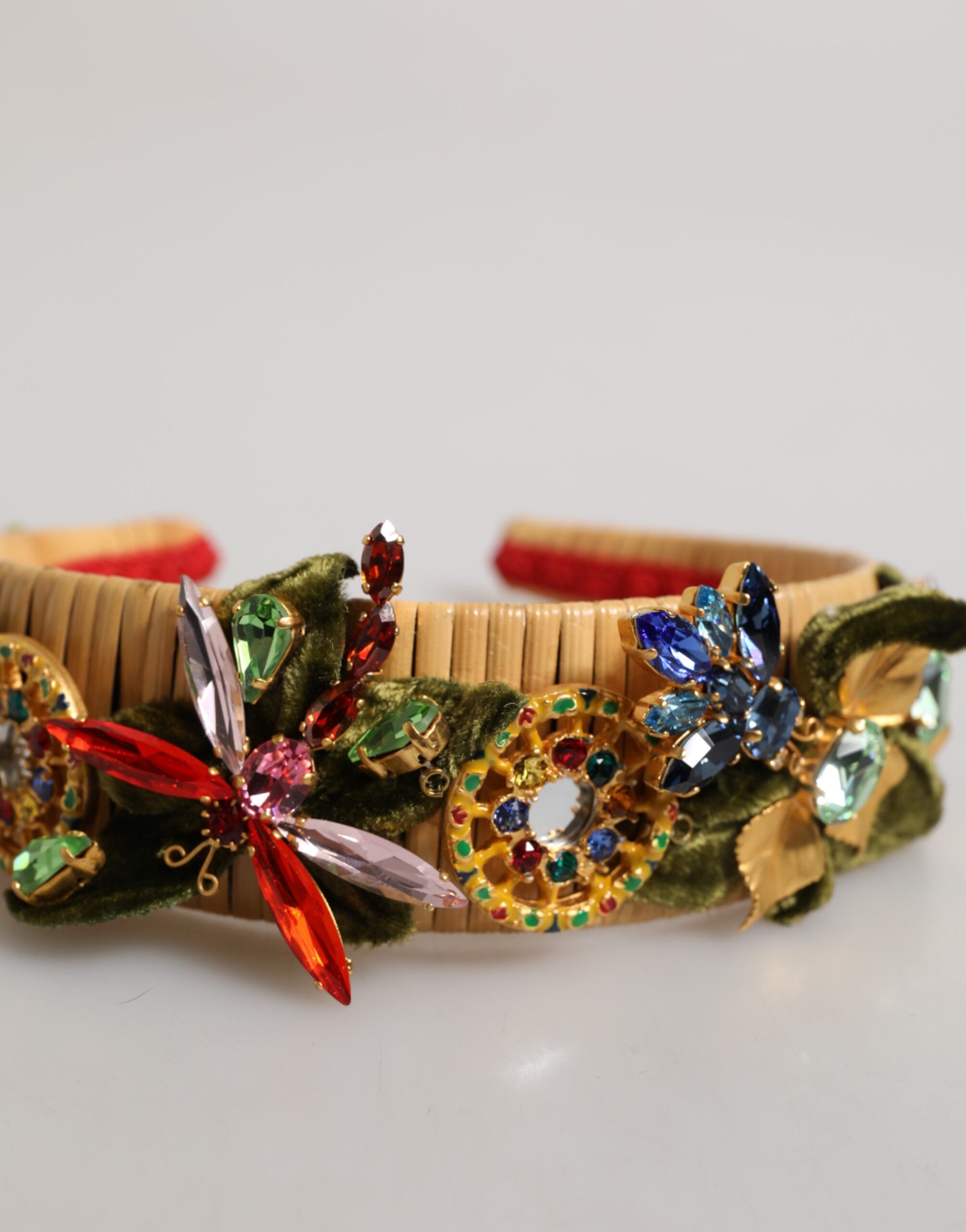 Dolce & Gabbana Multicolor Crystal Floral Gold Green Velvet Crown Women's Headband (Pre-Owned)