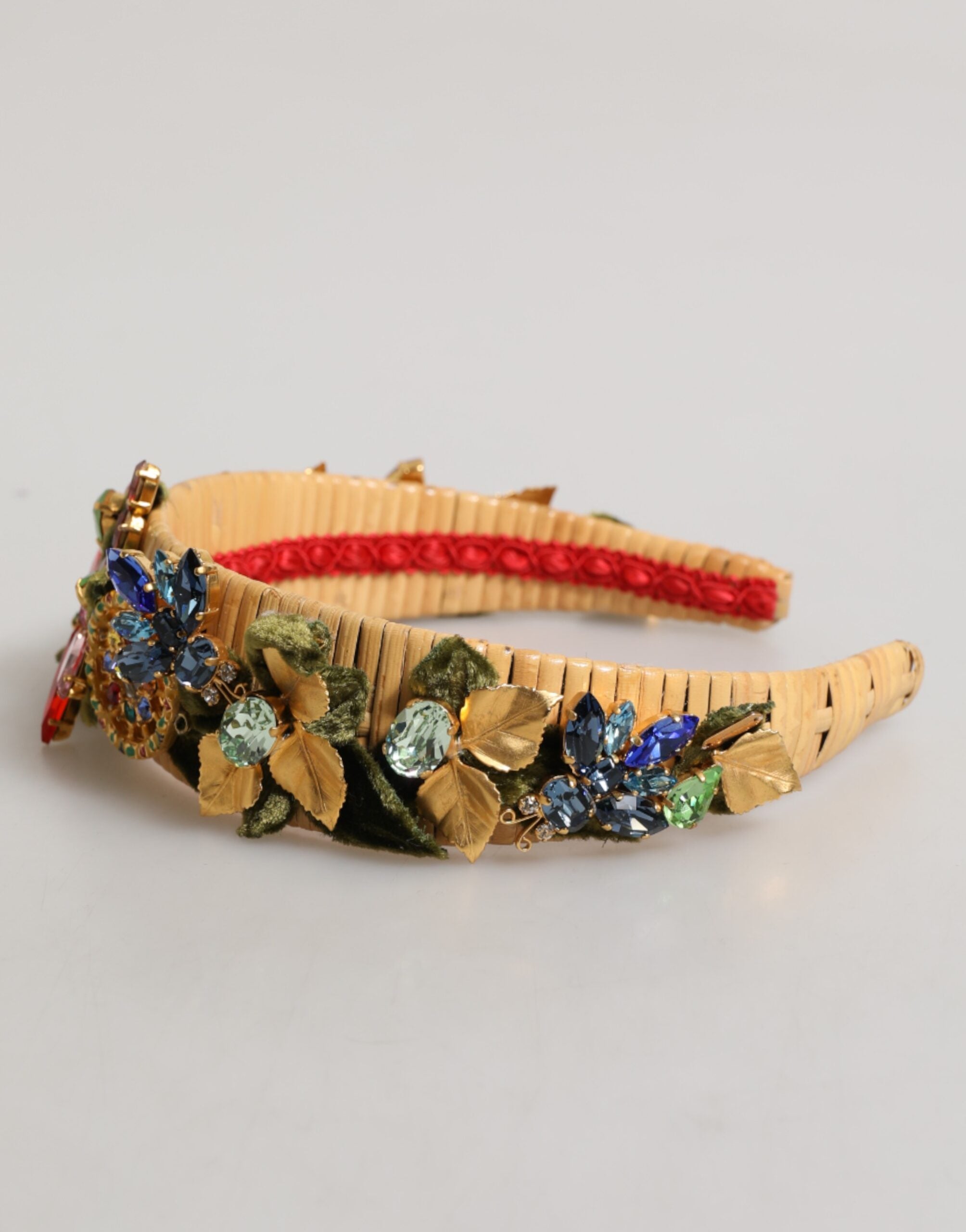 Dolce & Gabbana Multicolor Crystal Floral Gold Green Velvet Crown Women's Headband (Pre-Owned)