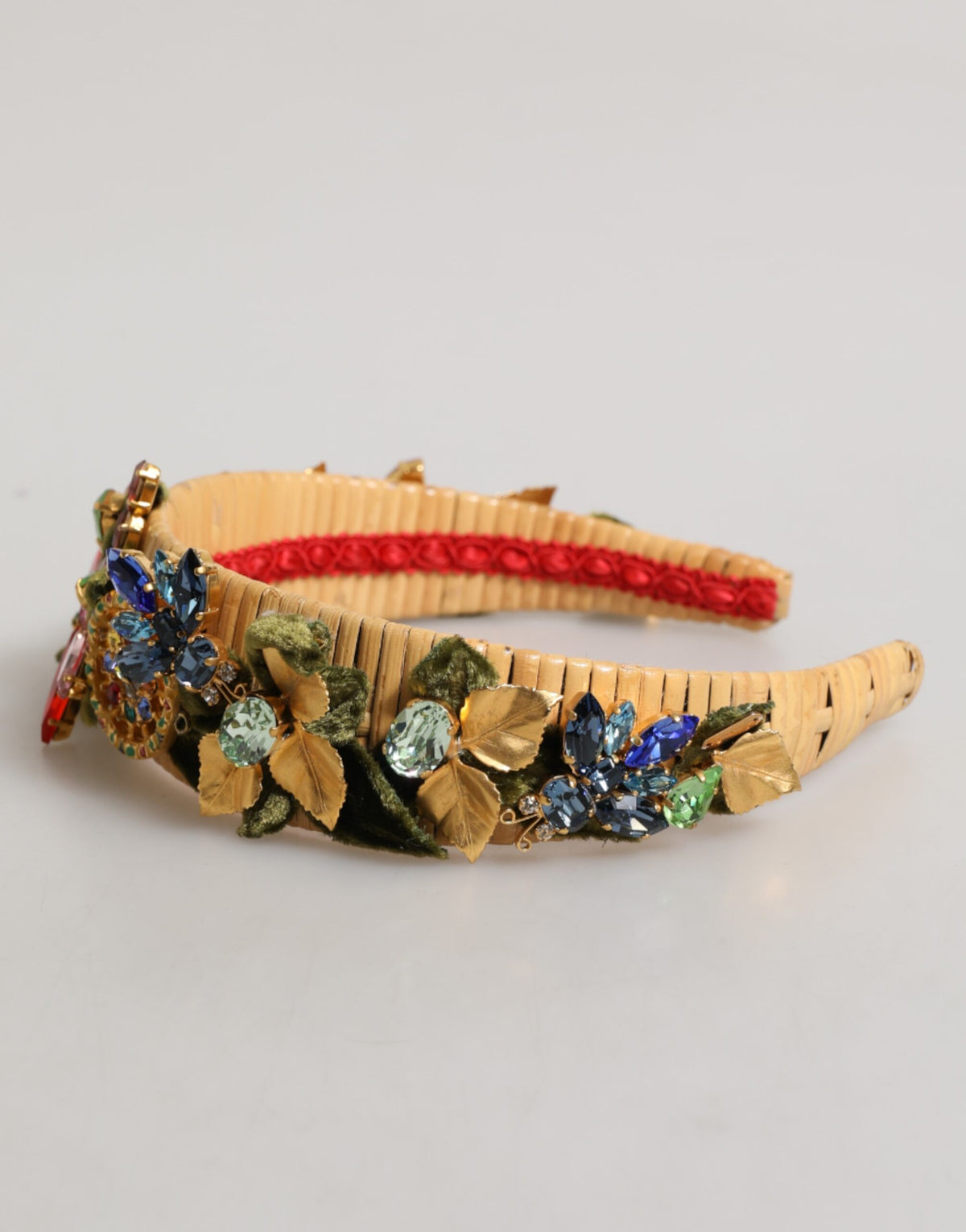 Dolce & Gabbana Multicolor Crystal Floral Gold Green Velvet Crown Women's Headband (Pre-Owned)