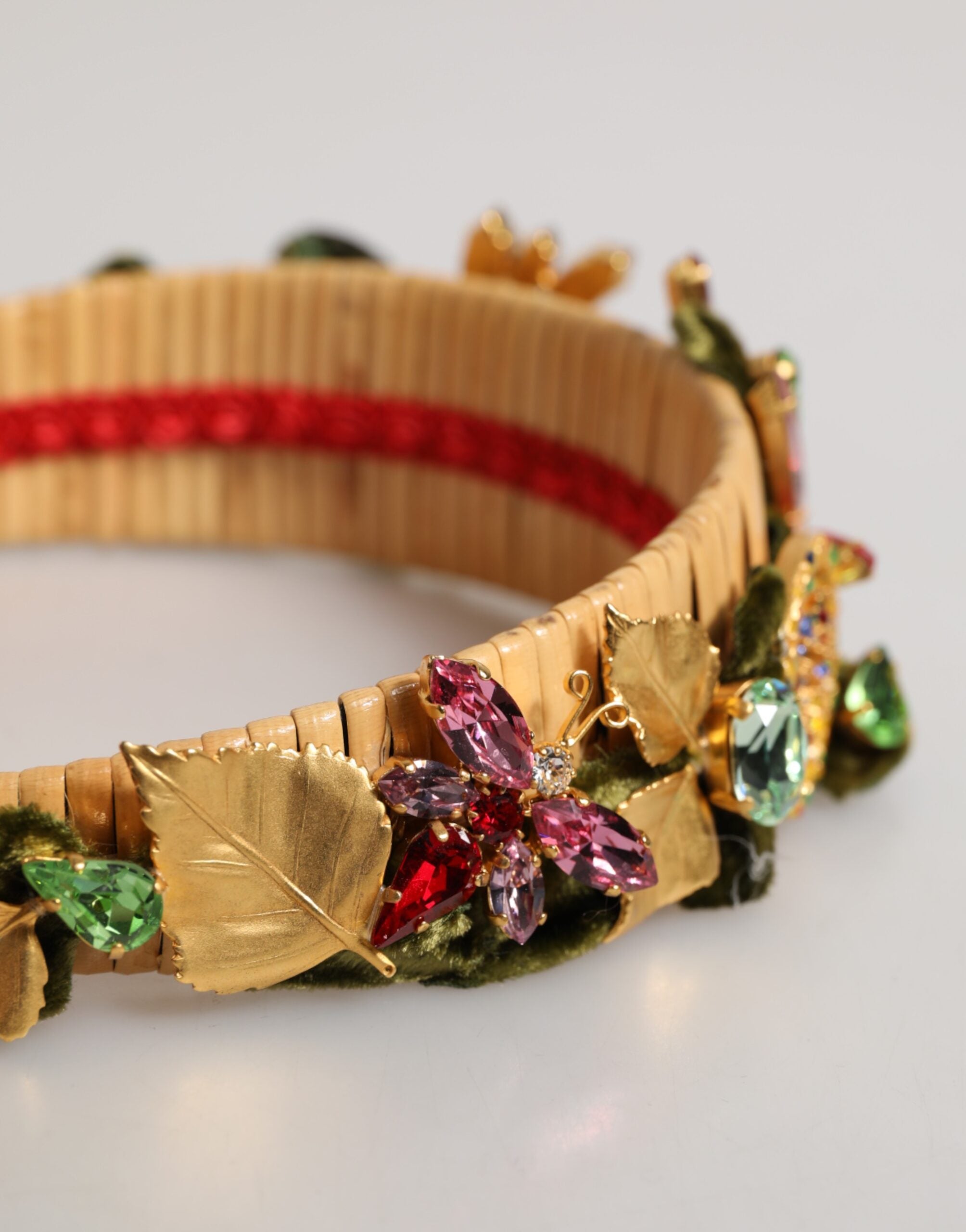 Dolce & Gabbana Multicolor Crystal Floral Gold Green Velvet Crown Women's Headband (Pre-Owned)