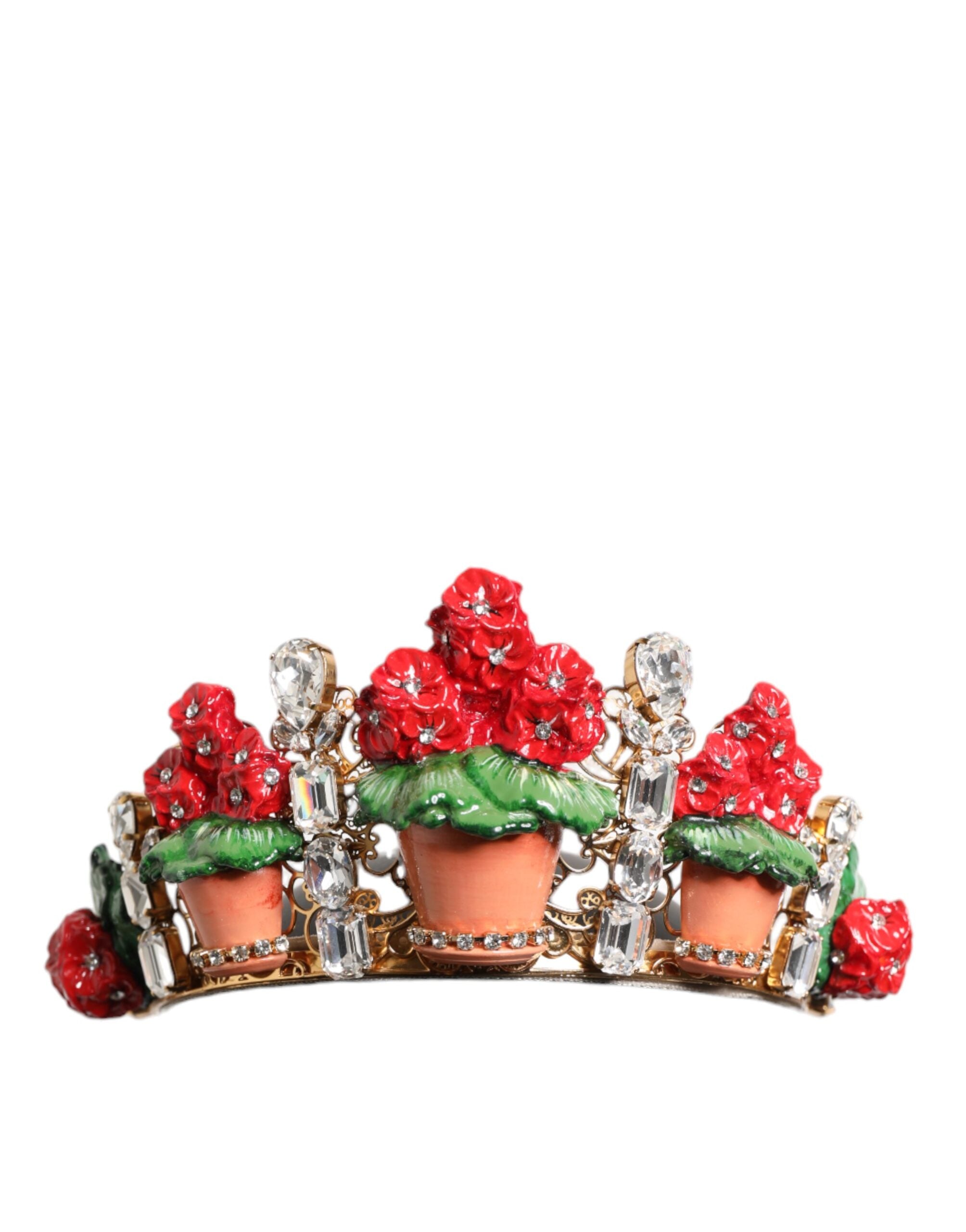 Dolce & Gabbana Red Floral Flowerpot Crystal Gold Crown Tiara Women's Headband