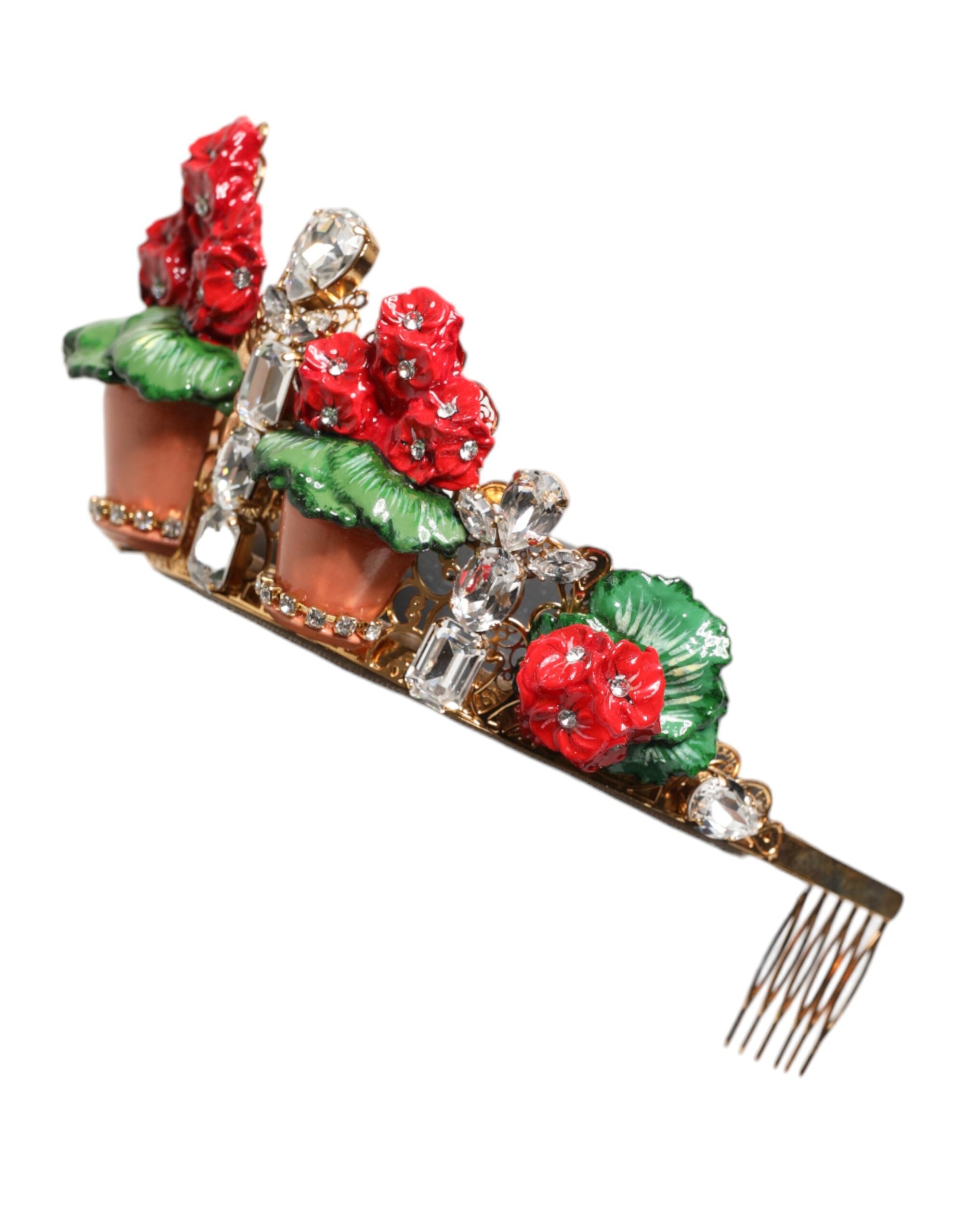 Dolce & Gabbana Red Floral Flowerpot Crystal Gold Crown Tiara Women's Headband