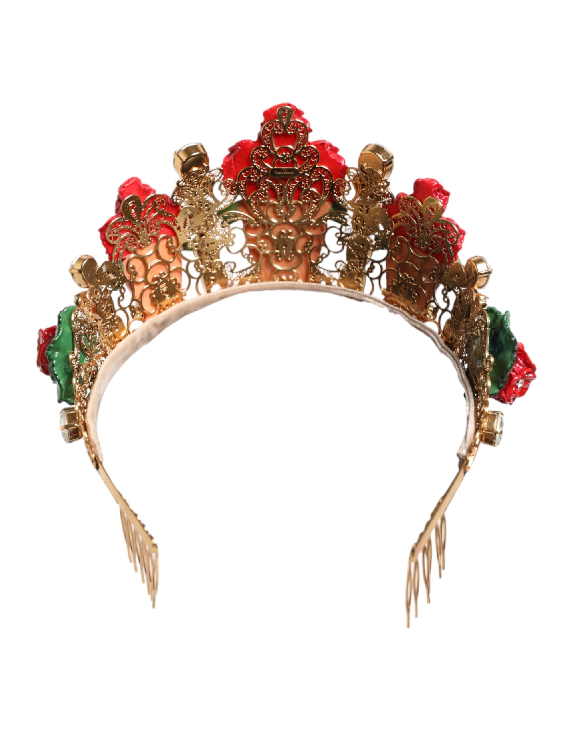 Dolce & Gabbana Red Floral Flowerpot Crystal Gold Crown Tiara Women's Headband