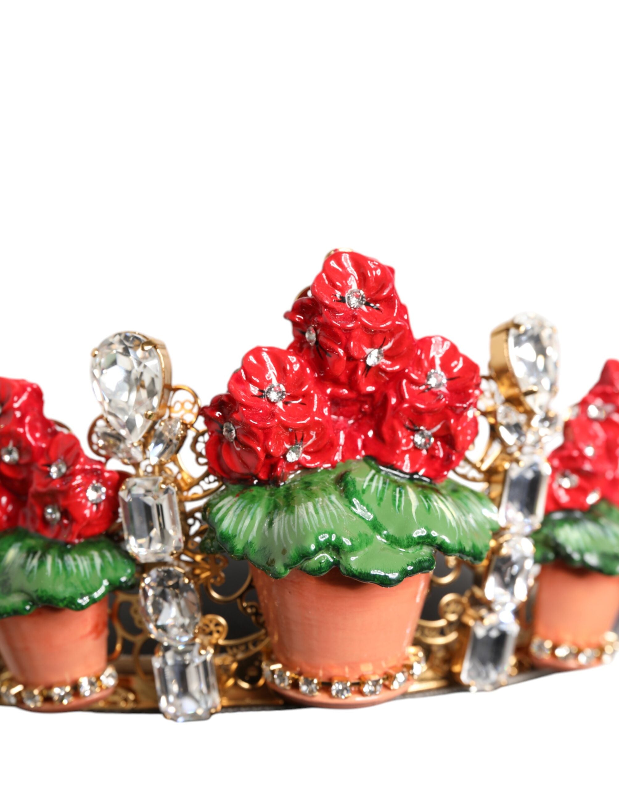 Dolce & Gabbana Red Floral Flowerpot Crystal Gold Crown Tiara Women's Headband