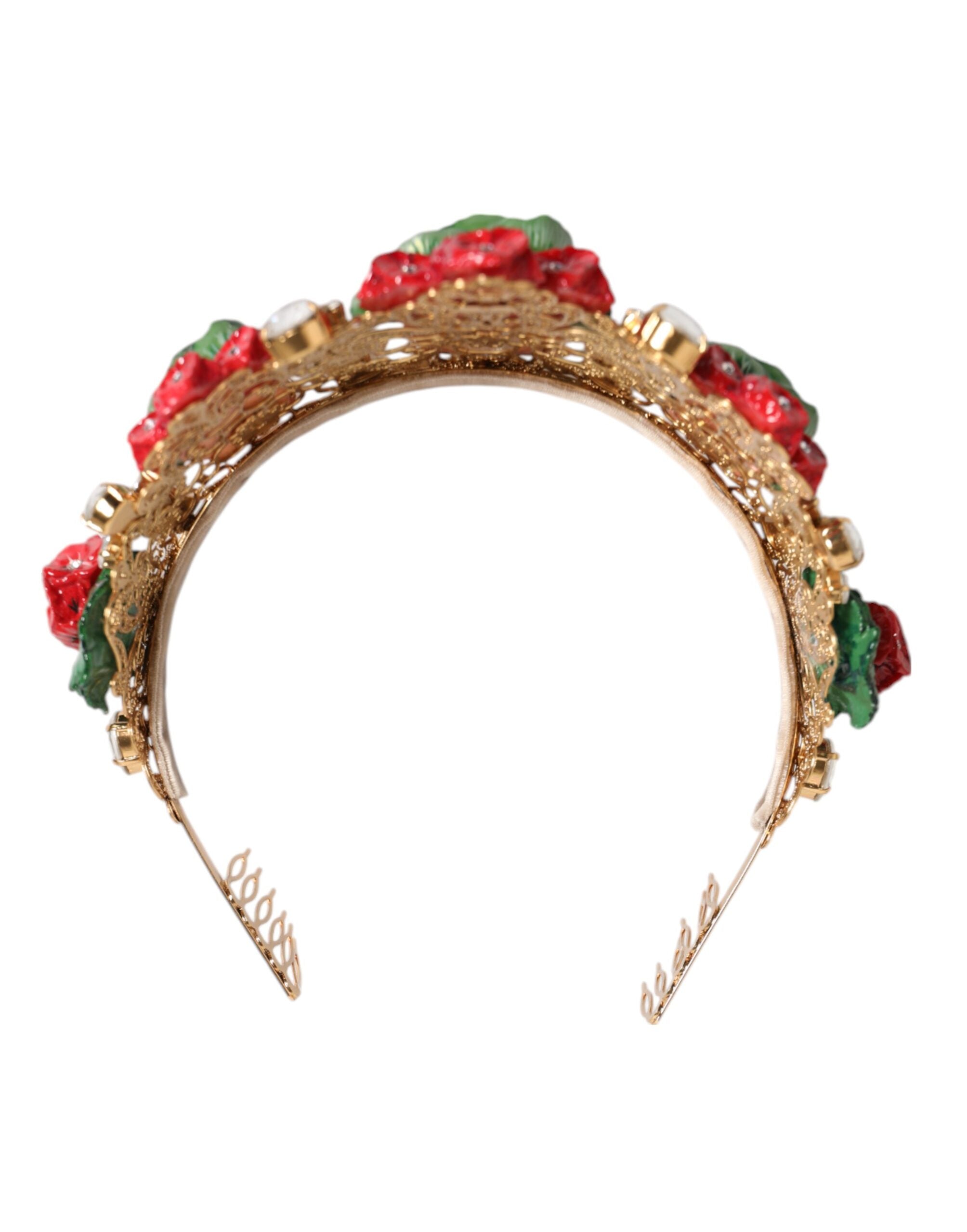 Dolce & Gabbana Red Floral Flowerpot Crystal Gold Crown Tiara Women's Headband