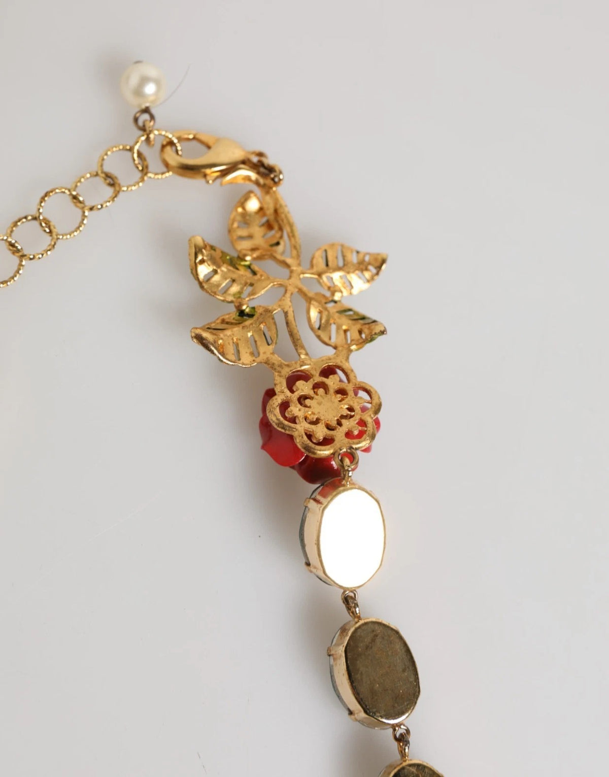 Dolce & Gabbana Red Rose Green Crystal Gold-Tone Chain Women's Necklace (Pre-Owned)