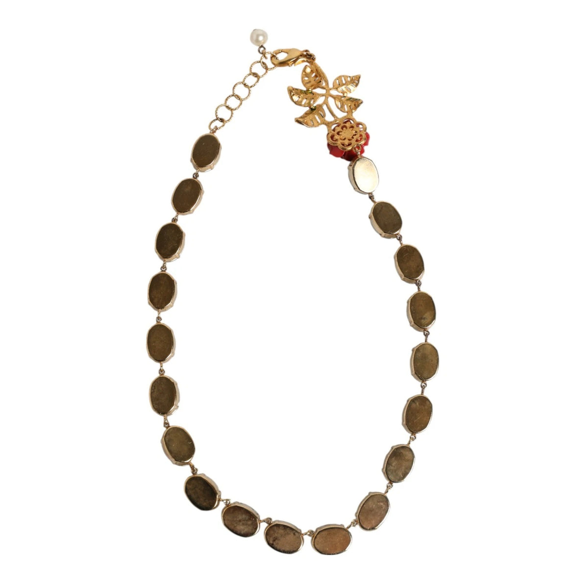 Dolce & Gabbana Red Rose Green Crystal Gold-Tone Chain Women's Necklace (Pre-Owned)