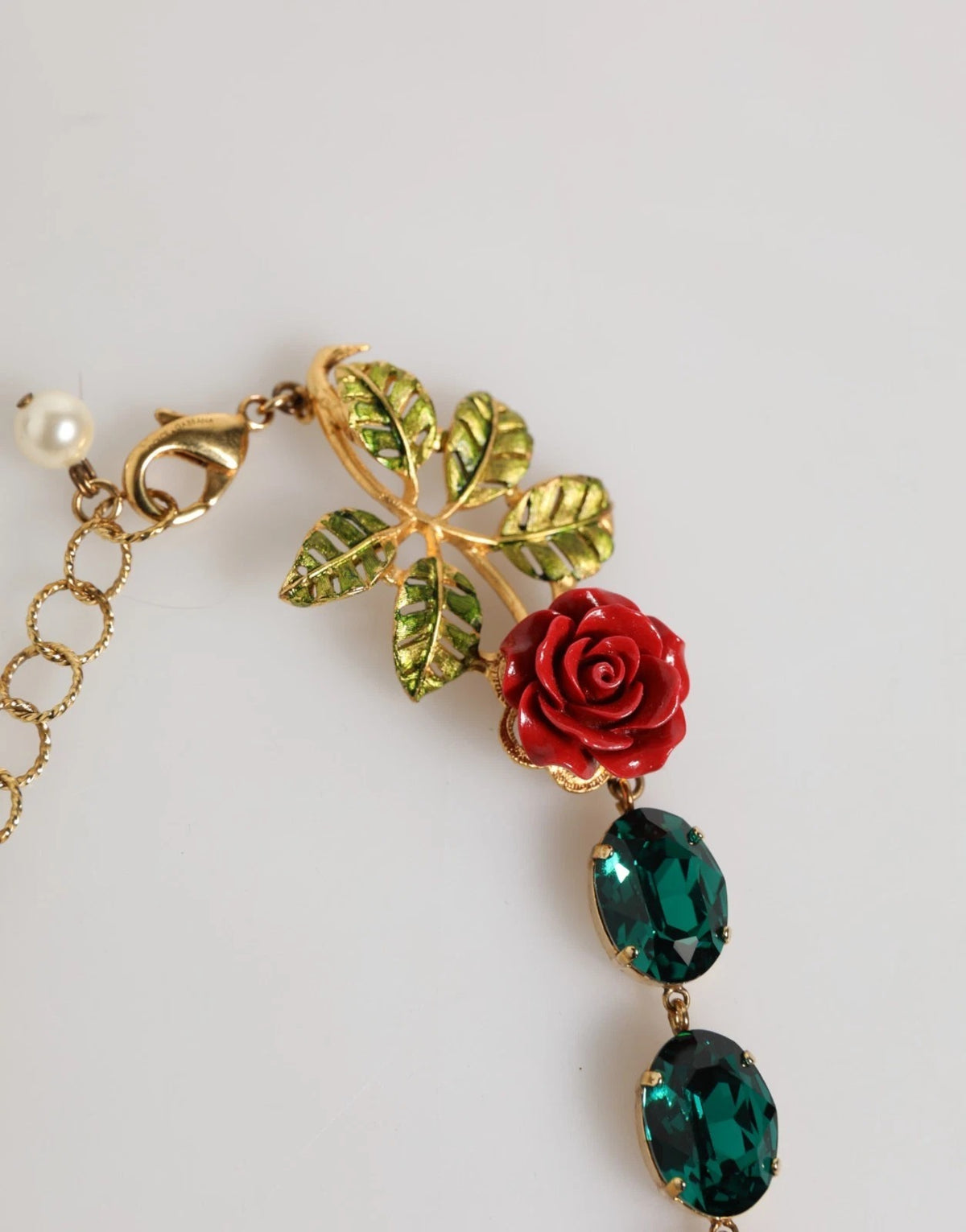 Dolce & Gabbana Red Rose Green Crystal Gold-Tone Chain Women's Necklace (Pre-Owned)