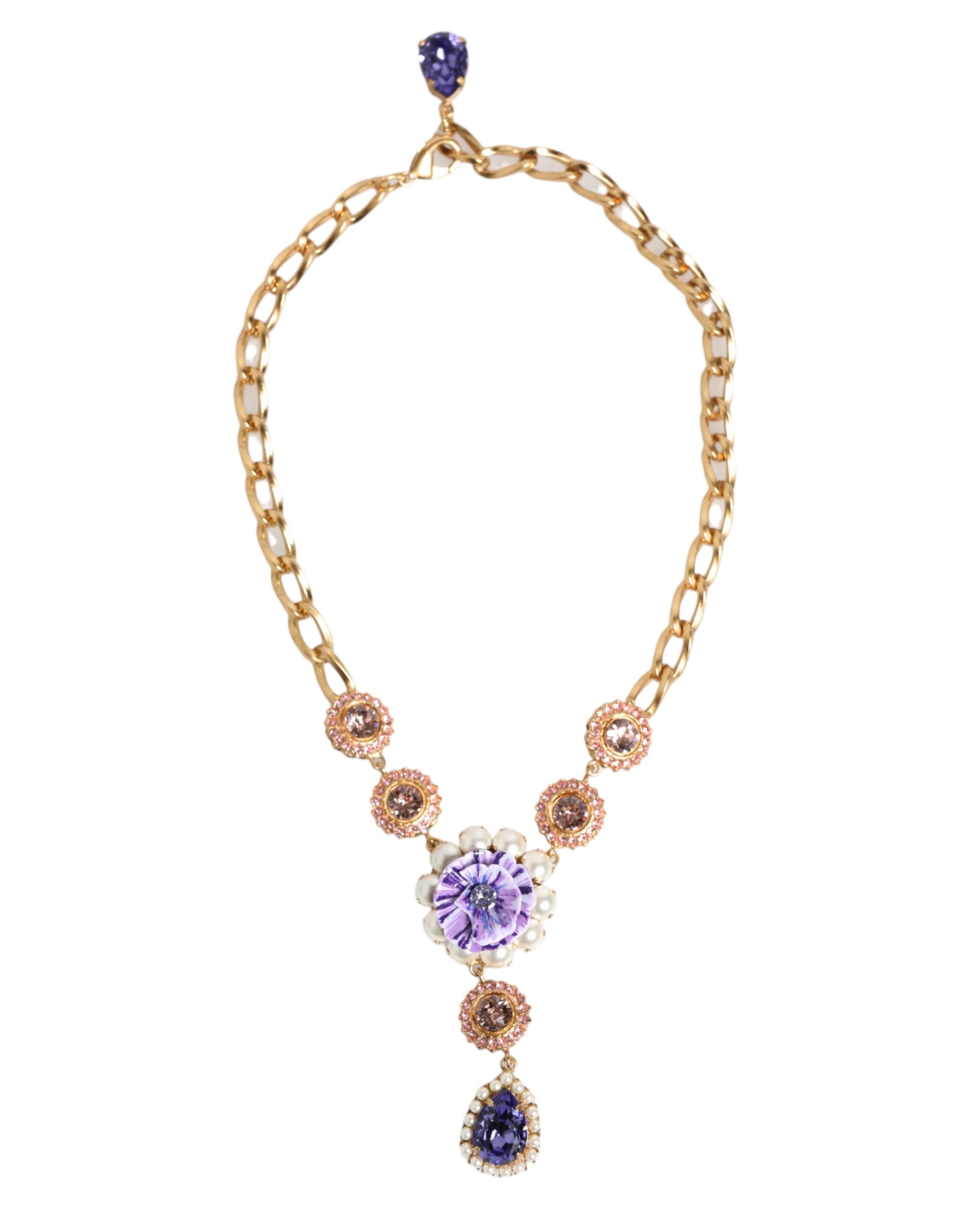 Dolce & Gabbana Gold Brass Crystal Pearl Purple Floral Pendant Jewelry Women's Necklace