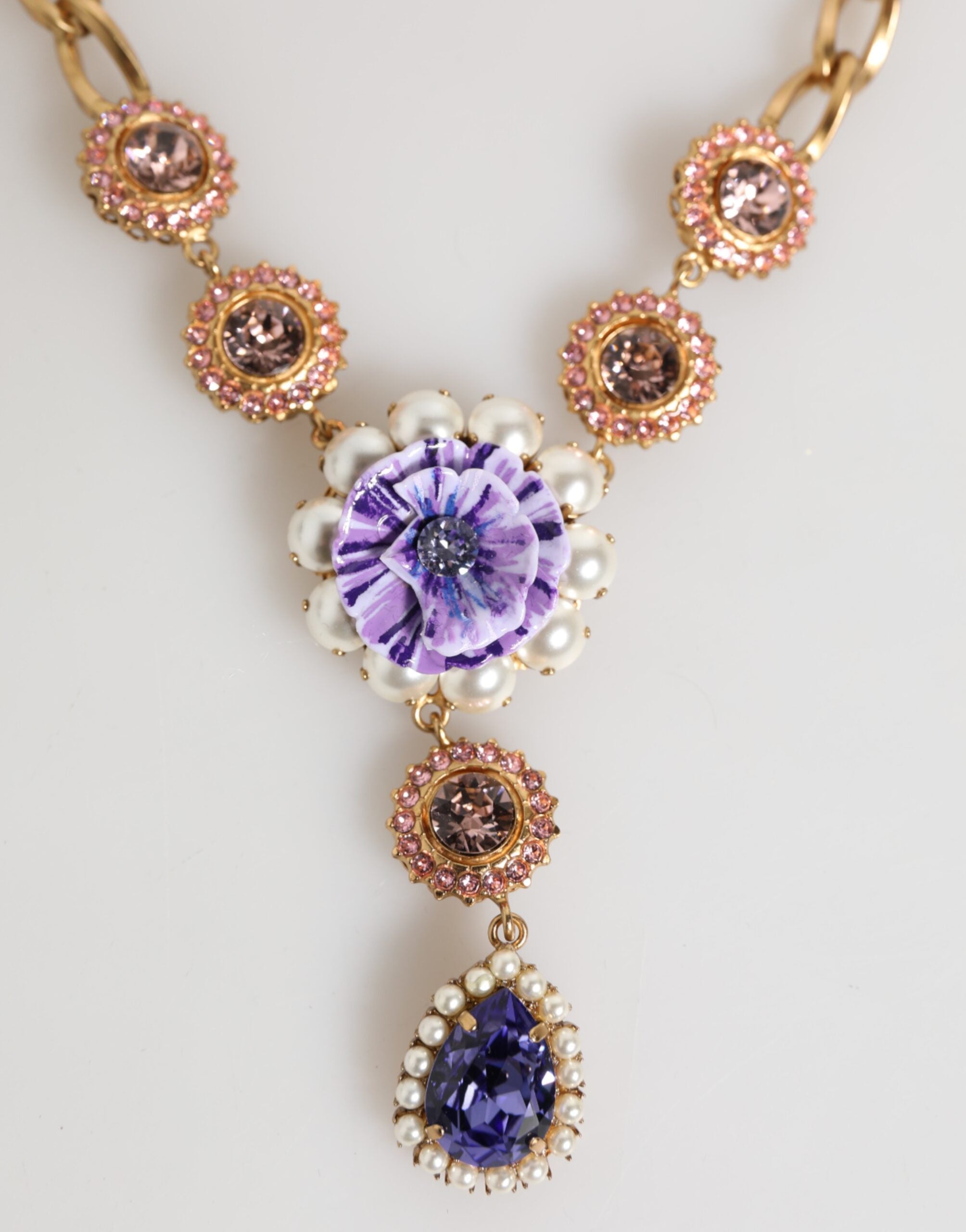 Dolce & Gabbana Gold Brass Crystal Pearl Purple Floral Pendant Jewelry Women's Necklace