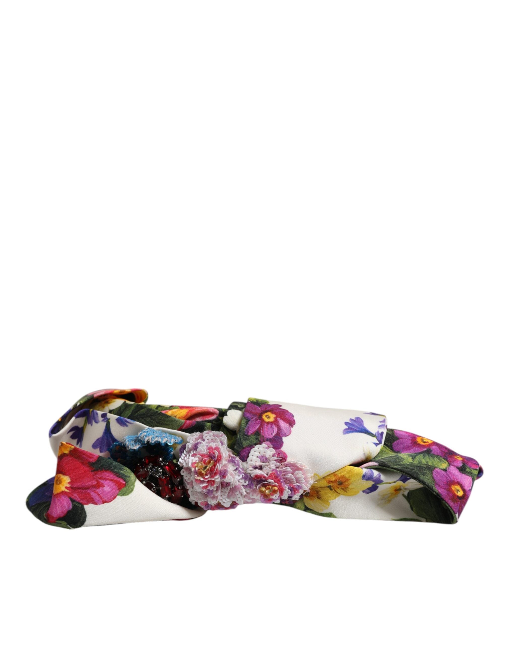 Dolce & Gabbana White Multicolor Floral Silk Bow Crystal Embellished Women's Headband