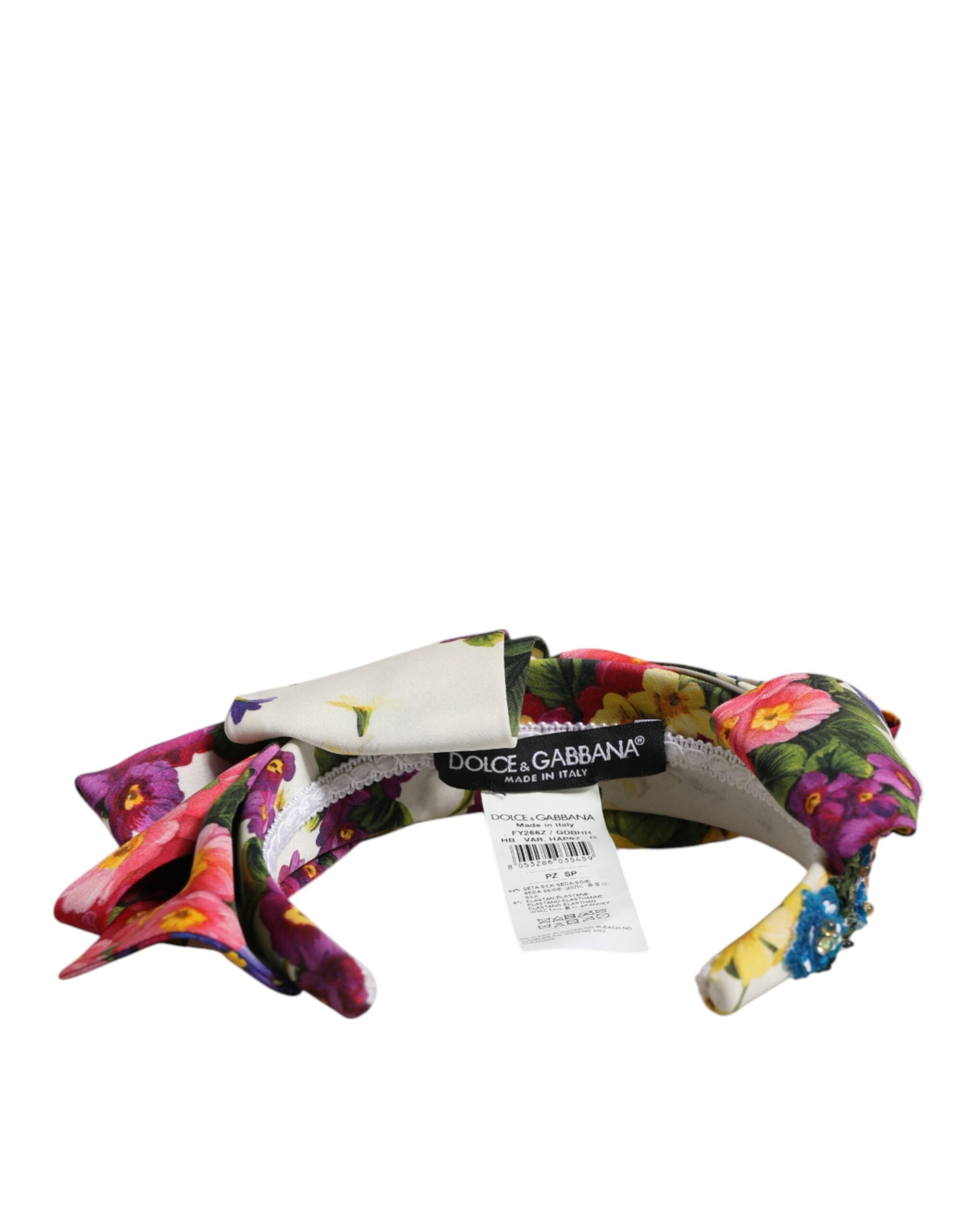 Dolce & Gabbana White Multicolor Floral Silk Bow Crystal Embellished Women's Headband