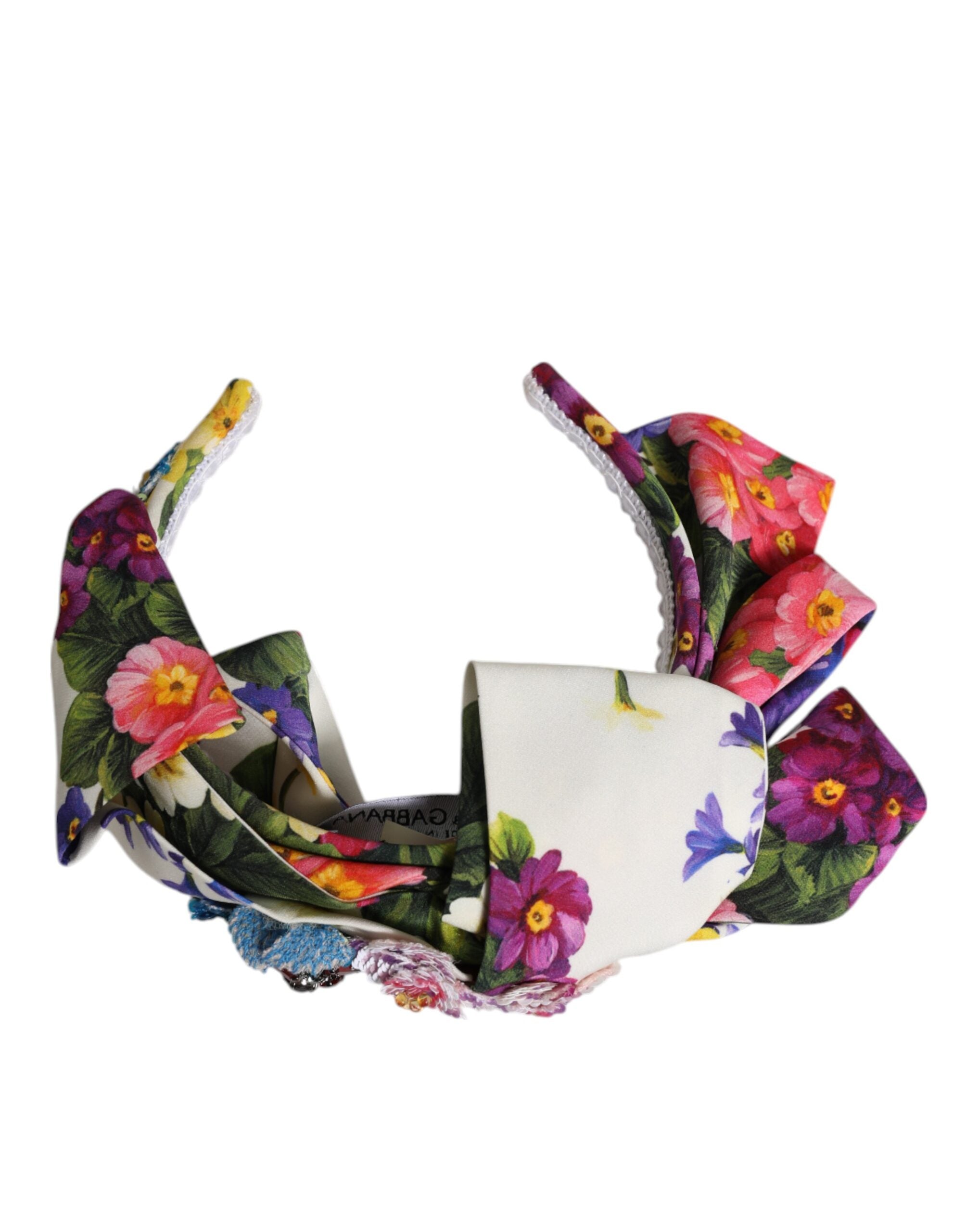 Dolce & Gabbana White Multicolor Floral Silk Bow Crystal Embellished Women's Headband