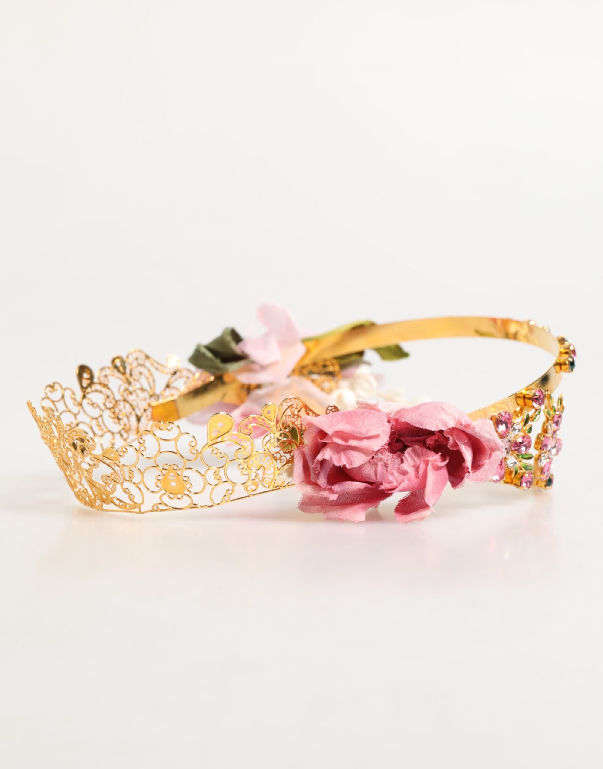 Dolce & Gabbana Gold Floral Tiara Pink Roses Crystal Crown Women's Headband (Pre-Owned)