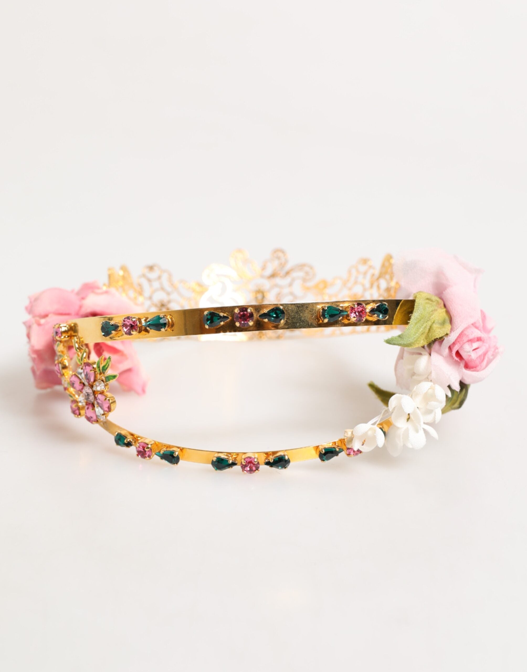 Dolce & Gabbana Gold Floral Tiara Pink Roses Crystal Crown Women's Headband (Pre-Owned)