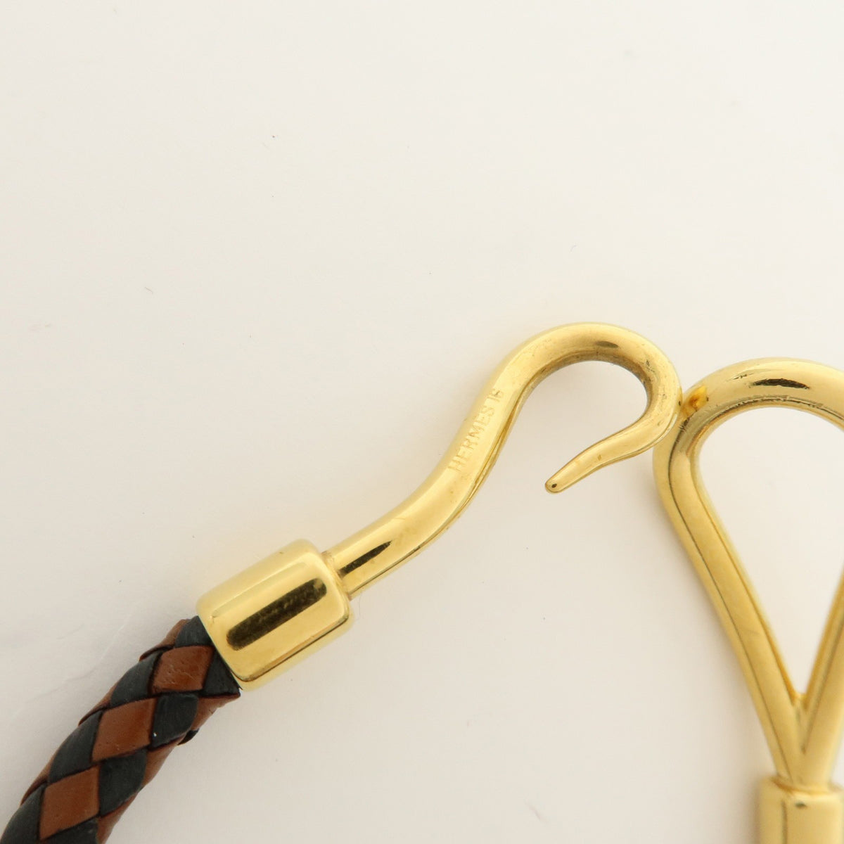 Hermes Jumbo Hook Braided Leather And Metal Brown Leather Bracelet Jewelry (Pre-Owned)