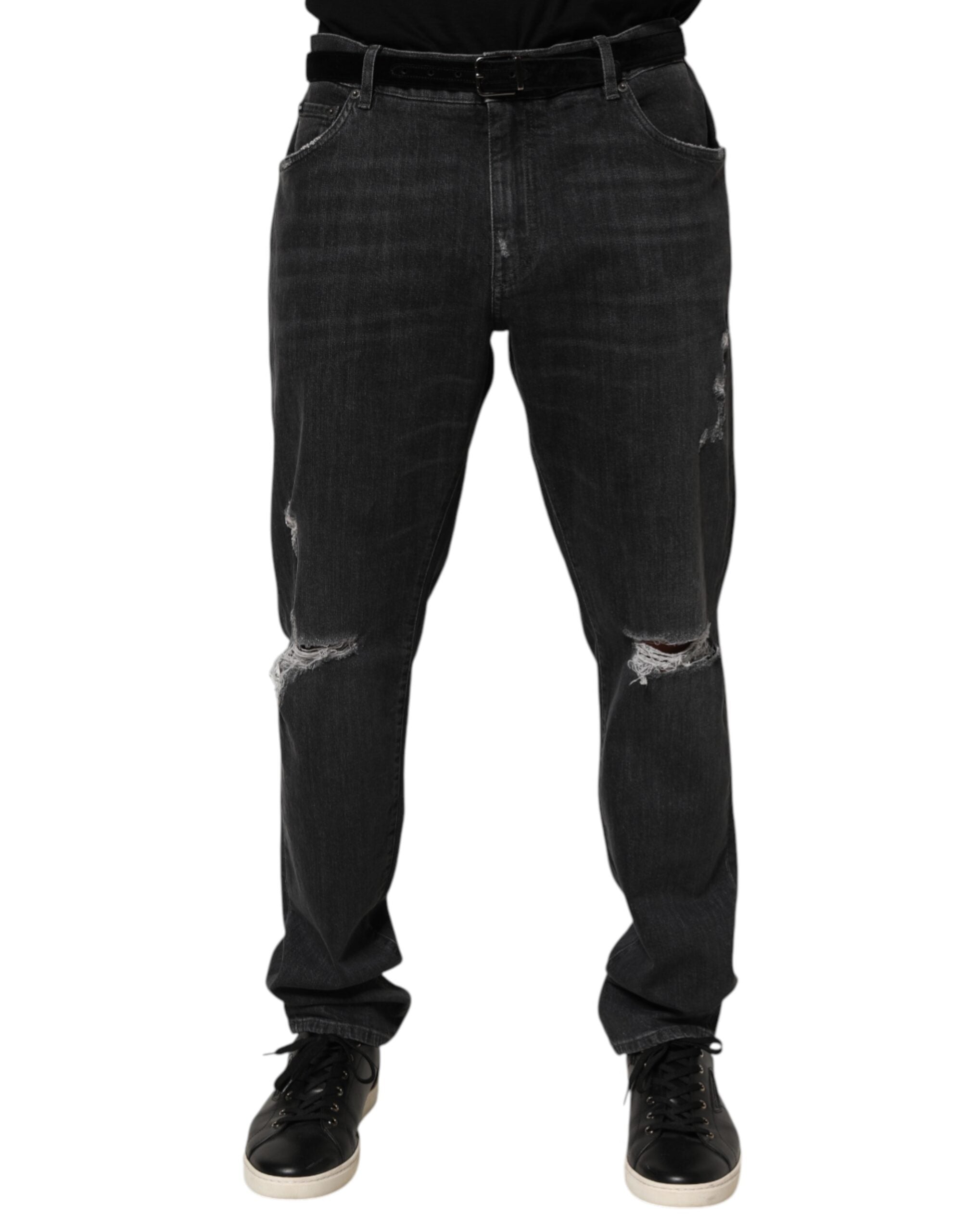 Dolce & Gabbana Black Cotton Slim Fit Distressed Ripped Logo Men's Jeans