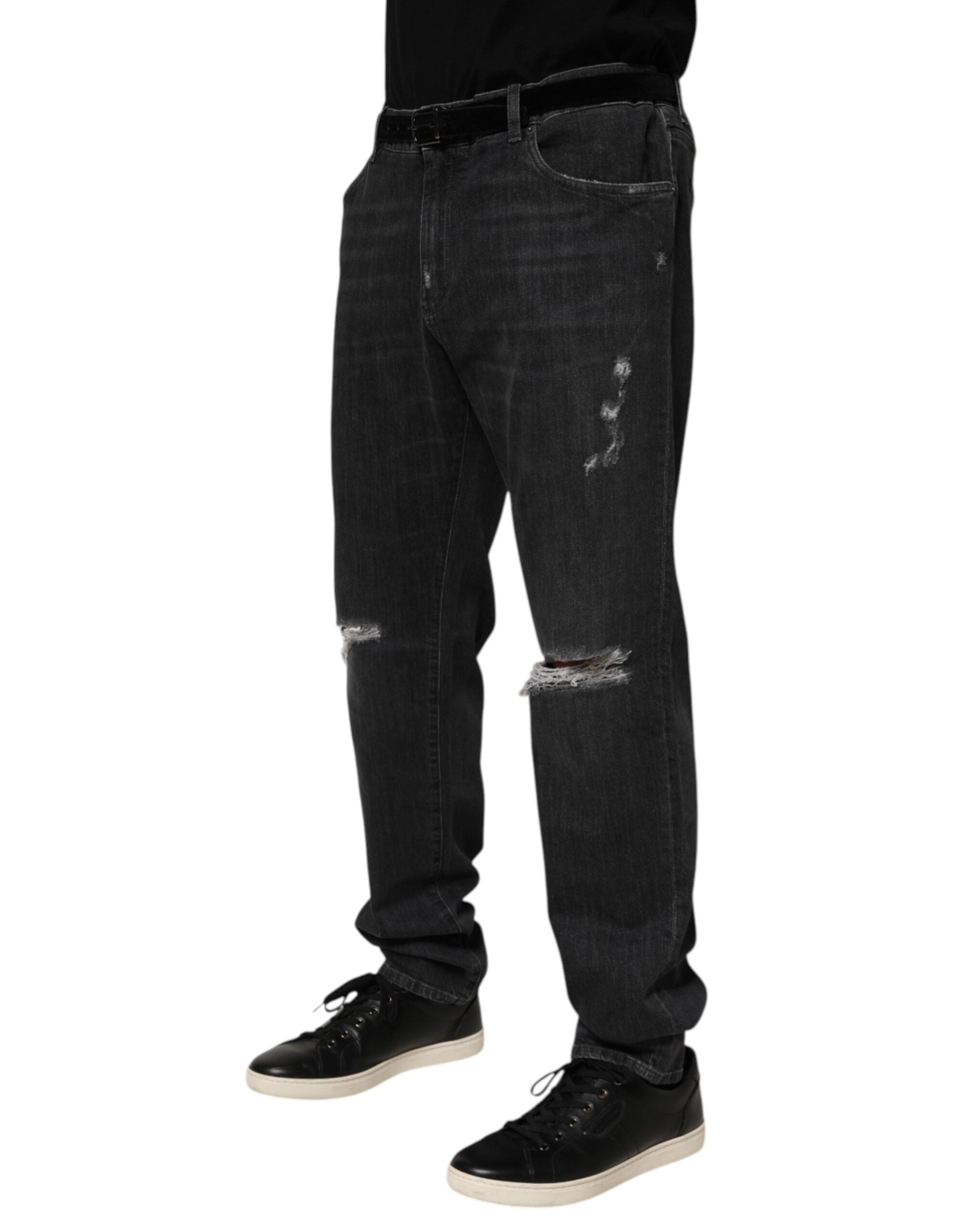 Dolce & Gabbana Black Cotton Slim Fit Distressed Ripped Logo Men's Jeans