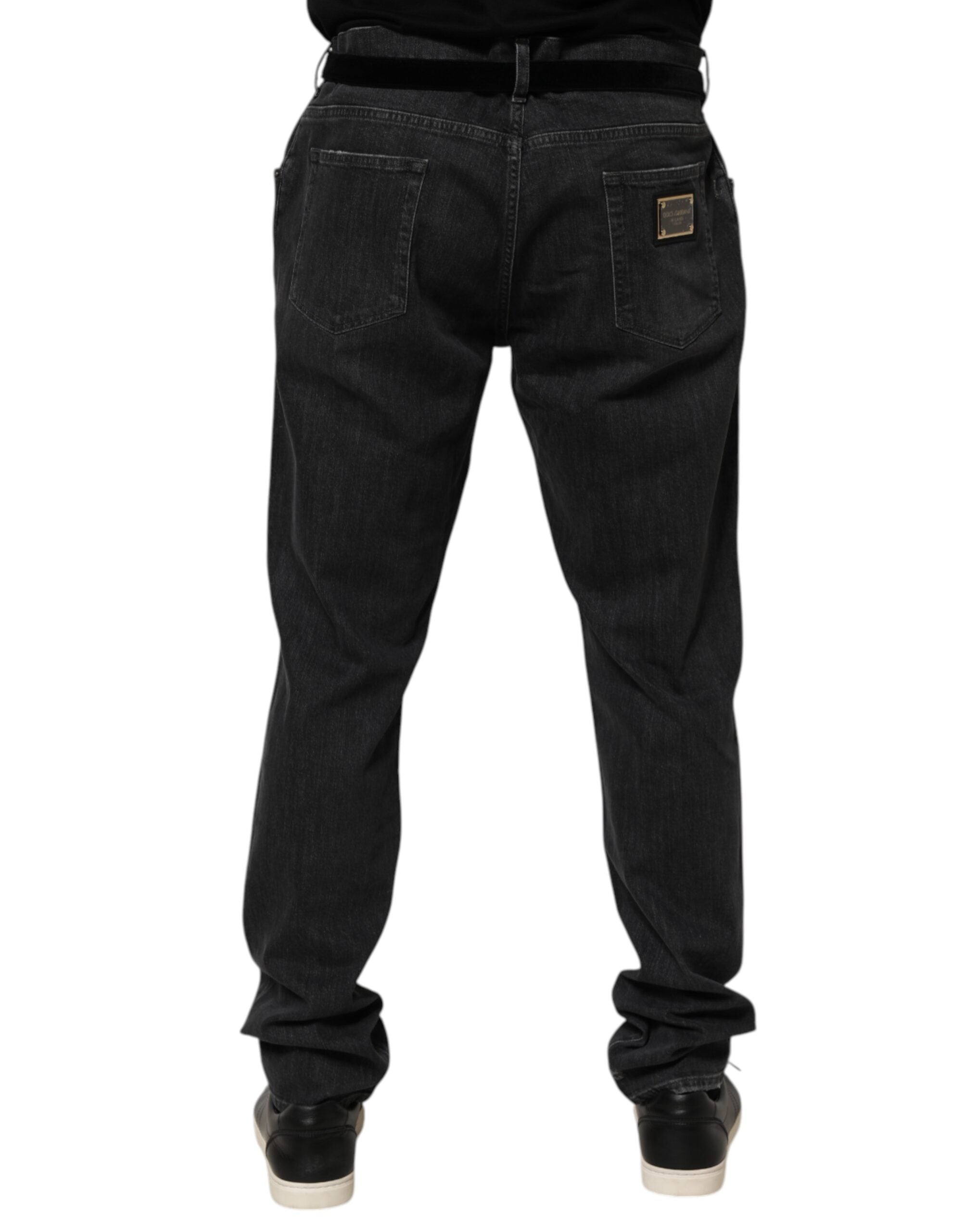 Dolce & Gabbana Black Cotton Slim Fit Distressed Ripped Logo Men's Jeans