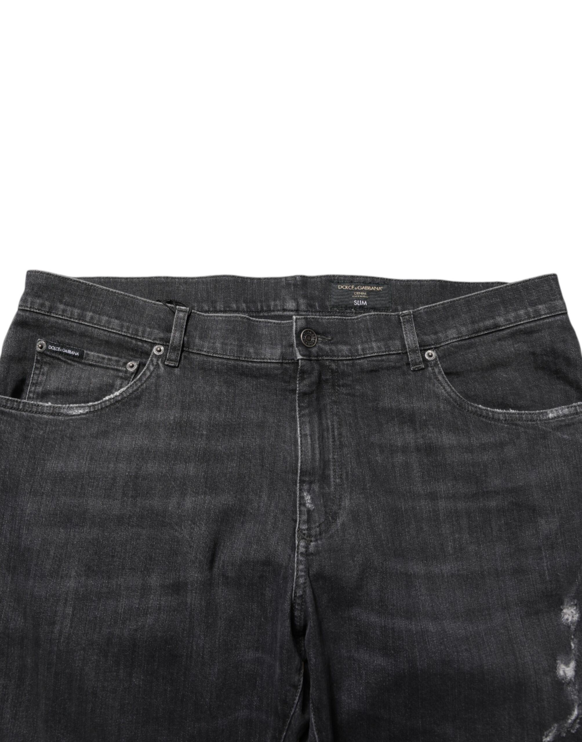 Dolce & Gabbana Black Cotton Slim Fit Distressed Ripped Logo Men's Jeans