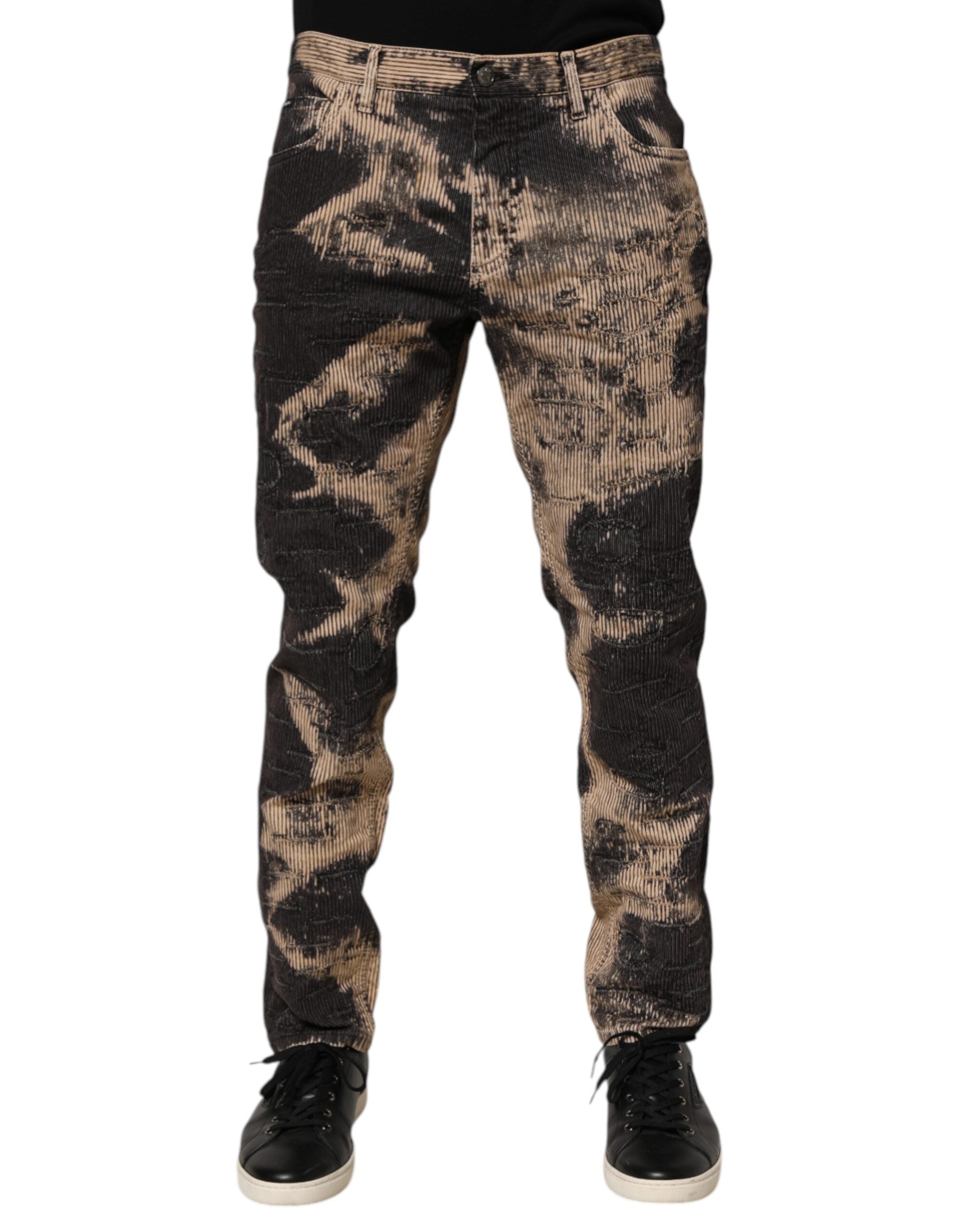 Dolce & Gabbana Beige Black Corduroy Tie-Dye Cotton Blend Men's Pants