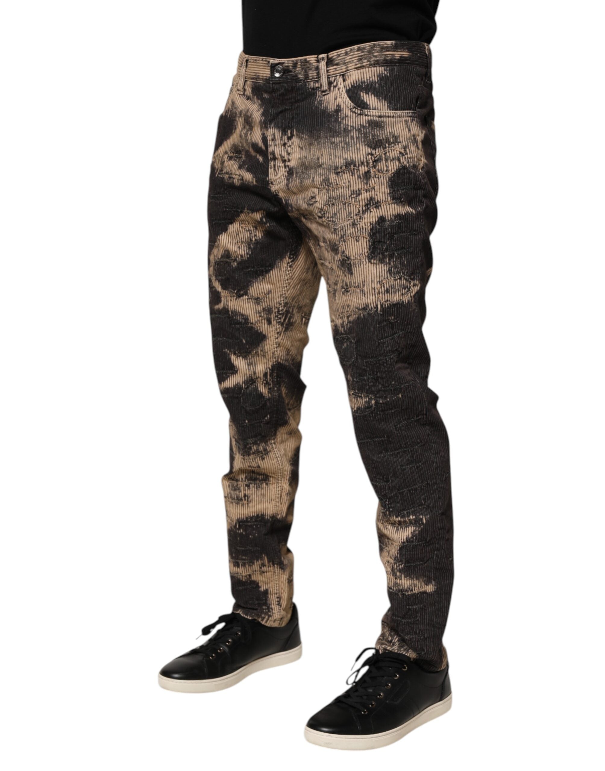 Dolce & Gabbana Beige Black Corduroy Tie-Dye Cotton Blend Men's Pants
