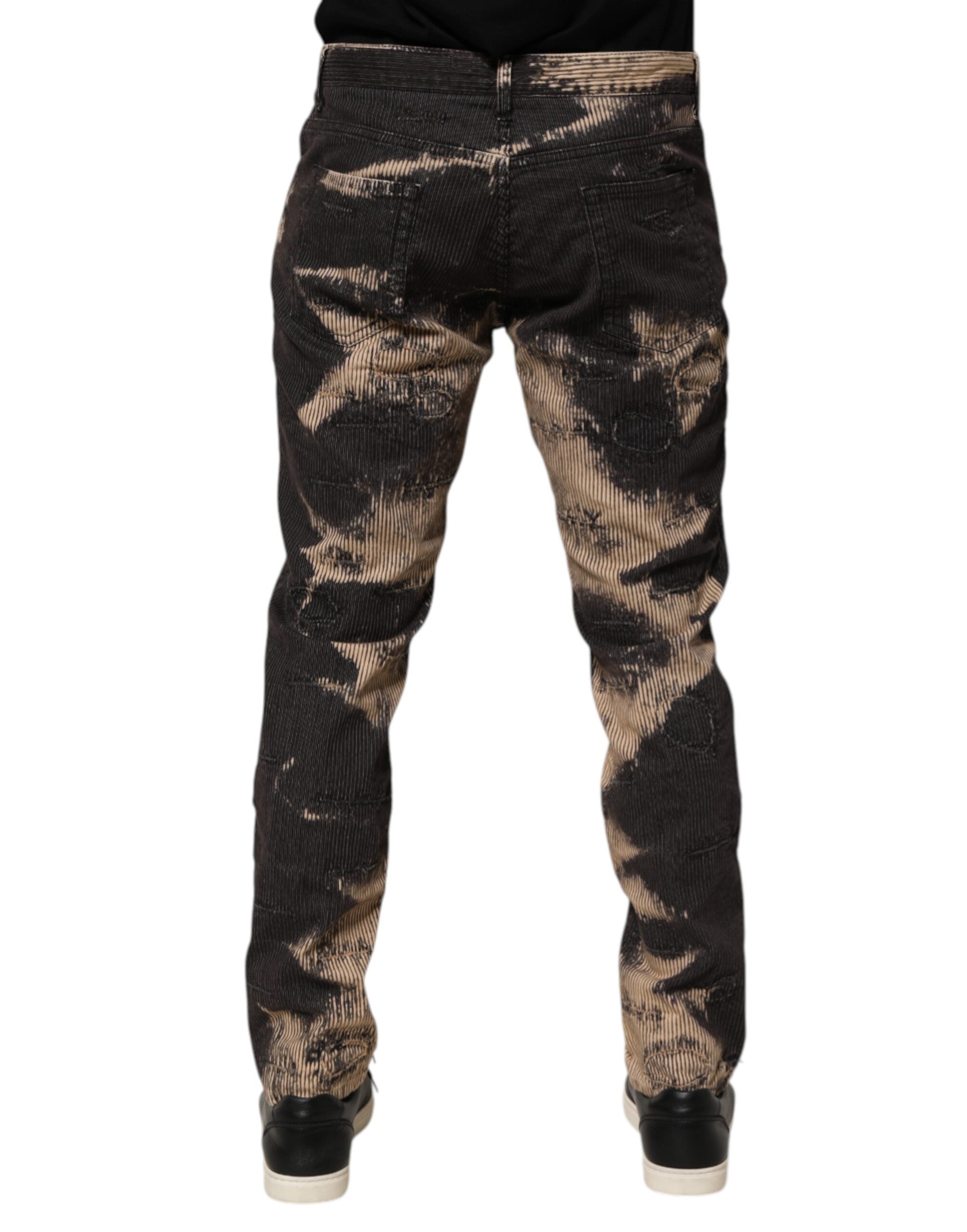 Dolce & Gabbana Beige Black Corduroy Tie-Dye Cotton Blend Men's Pants