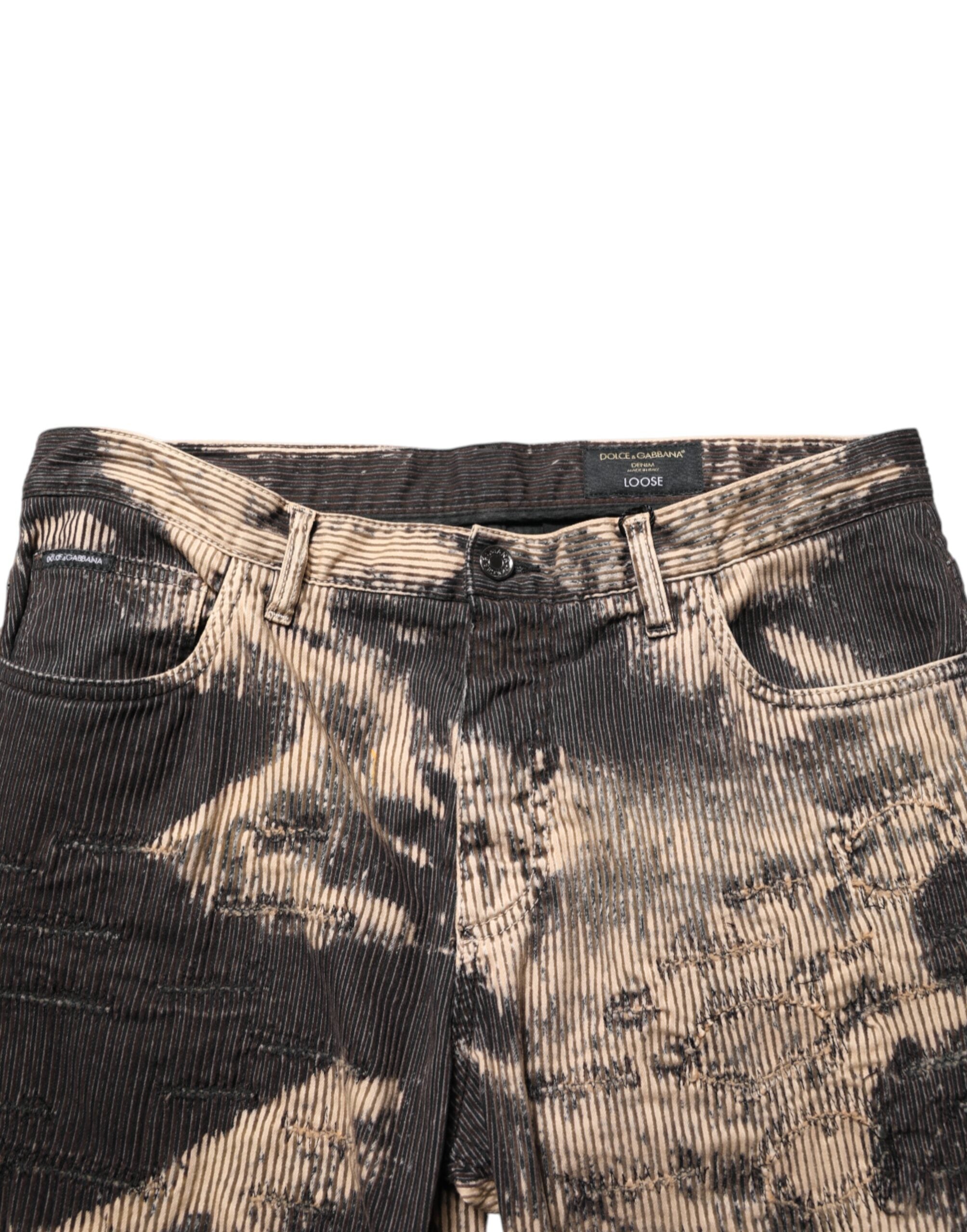Dolce & Gabbana Beige Black Corduroy Tie-Dye Cotton Blend Men's Pants
