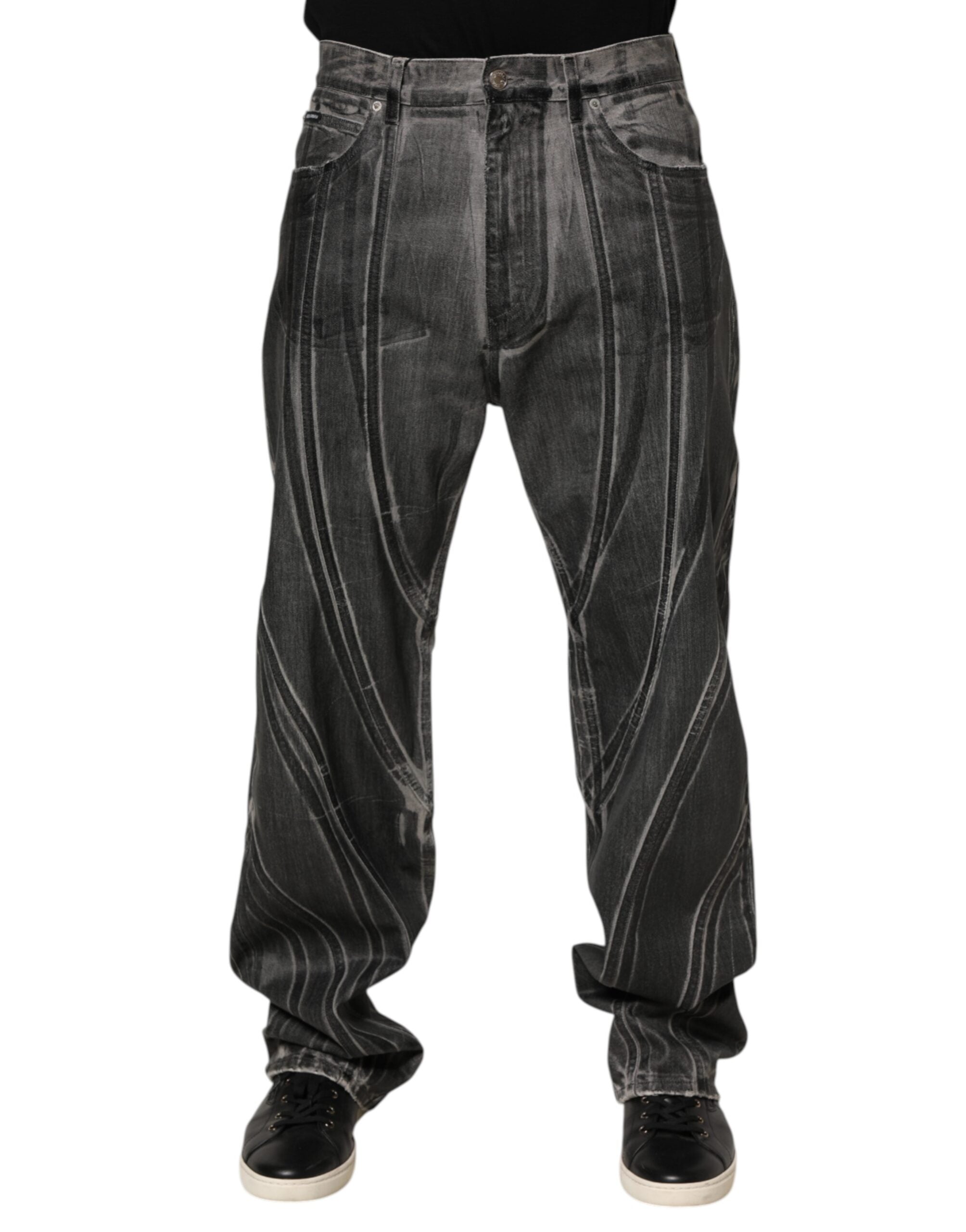 Dolce & Gabbana Black Grey Graphic Print Denim Pants Men's Jeans