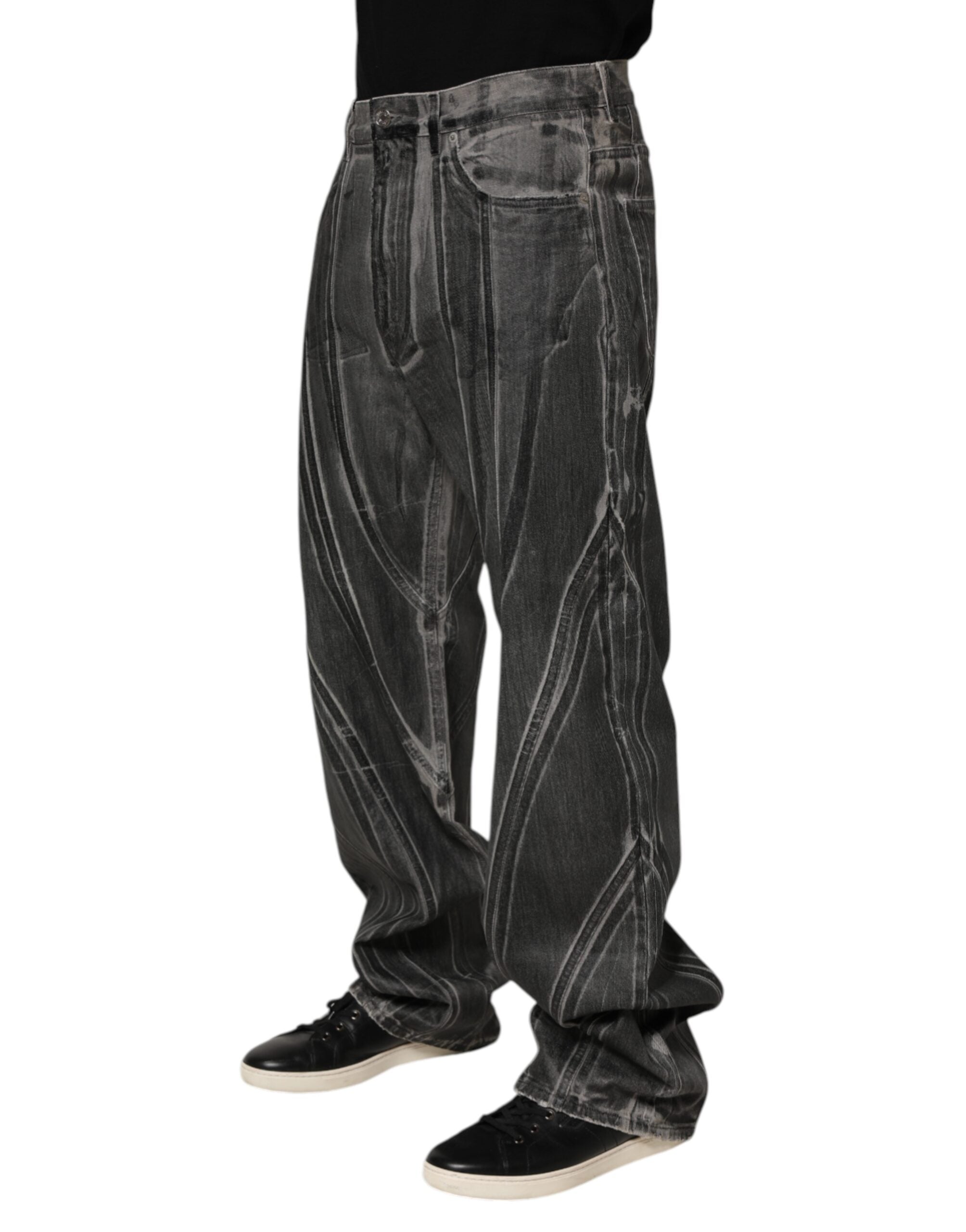 Dolce & Gabbana Black Grey Graphic Print Denim Pants Men's Jeans