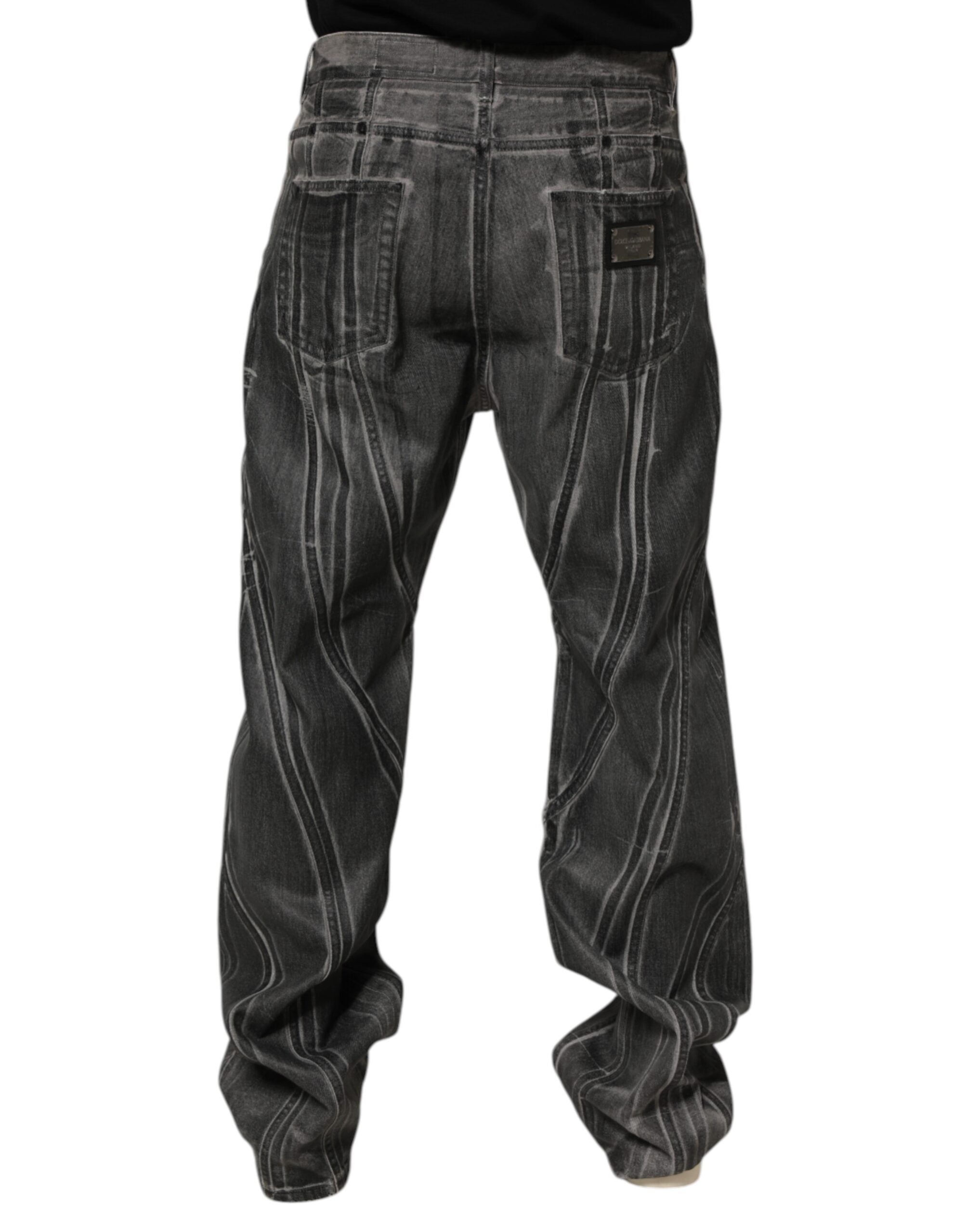 Dolce & Gabbana Black Grey Graphic Print Denim Pants Men's Jeans