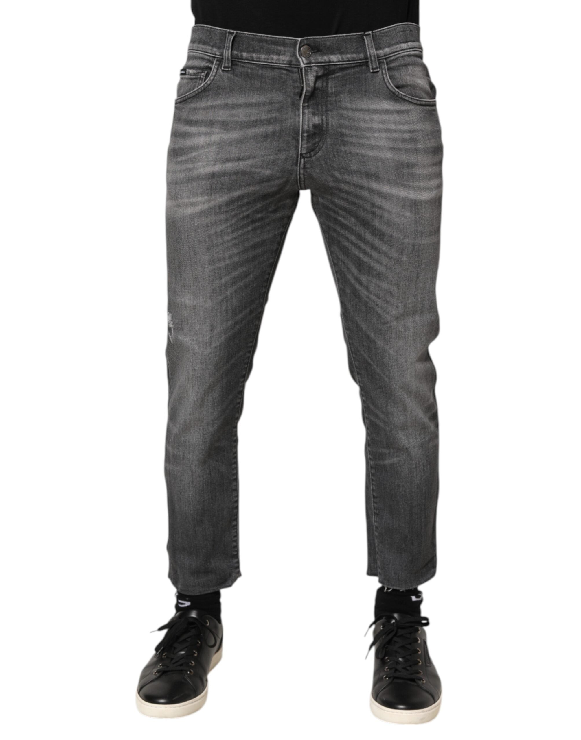Dolce & Gabbana Grey Cotton Denim Slim Fit Distressed Pants Men's Jeans (Pre-Owned)