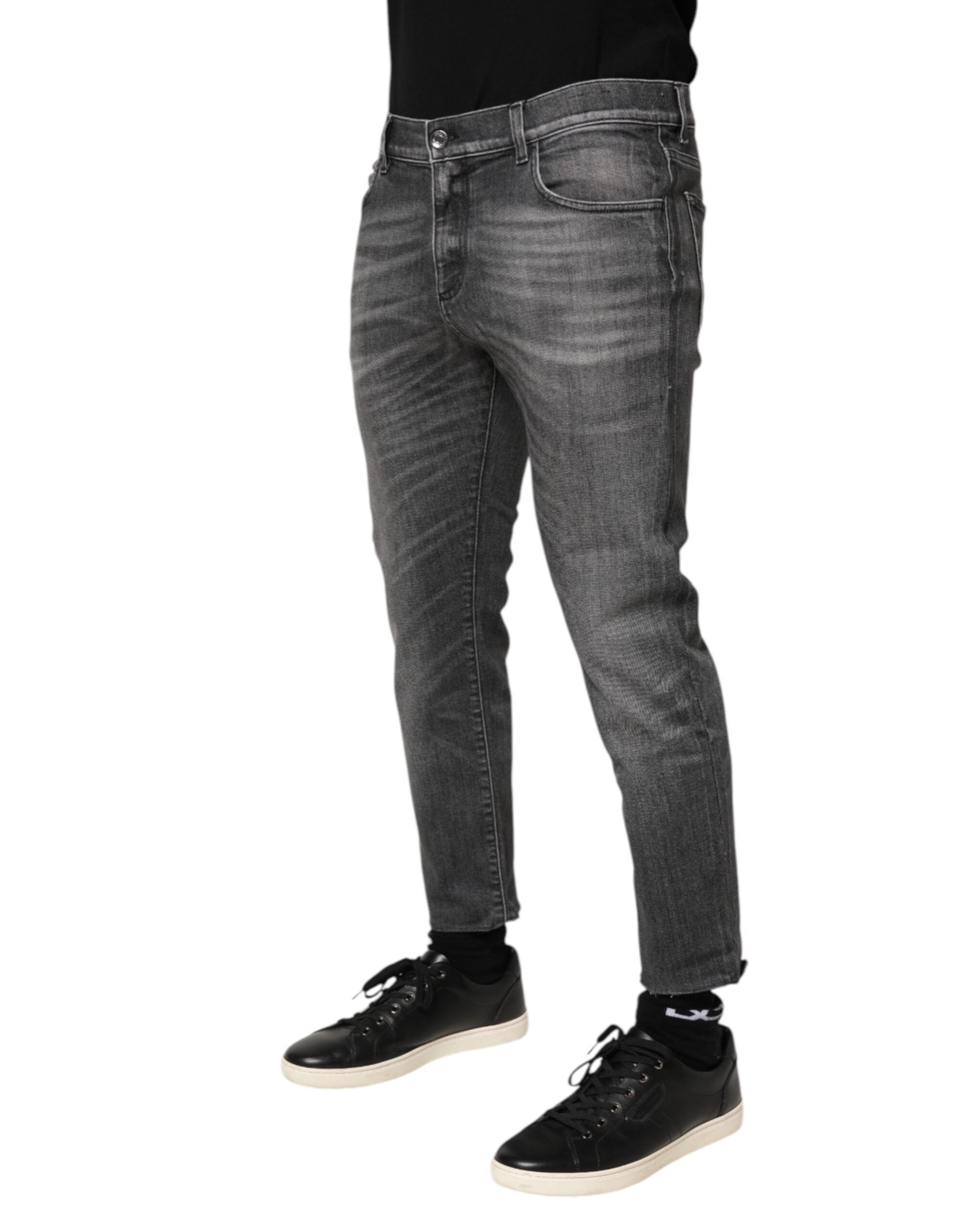 Dolce & Gabbana Grey Cotton Denim Slim Fit Distressed Pants Men's Jeans (Pre-Owned)