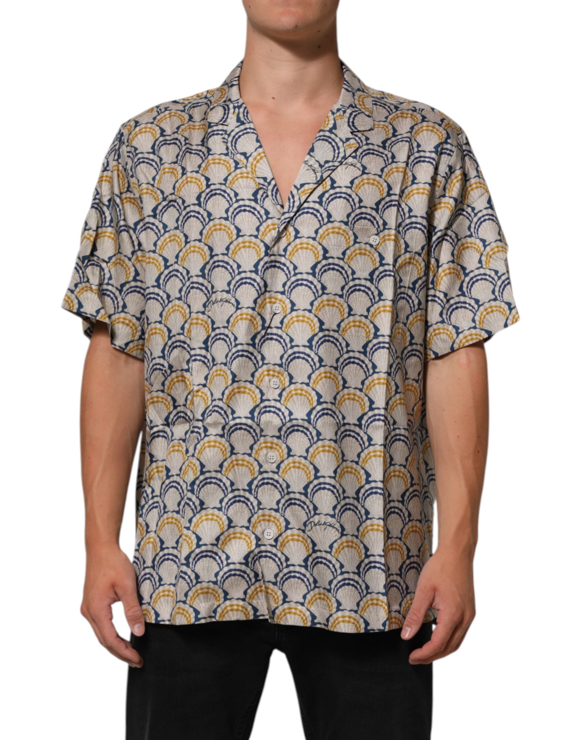 Dolce & Gabbana Cream Cotton Silk Hawaii Scallop Shell Print Men's Shirt