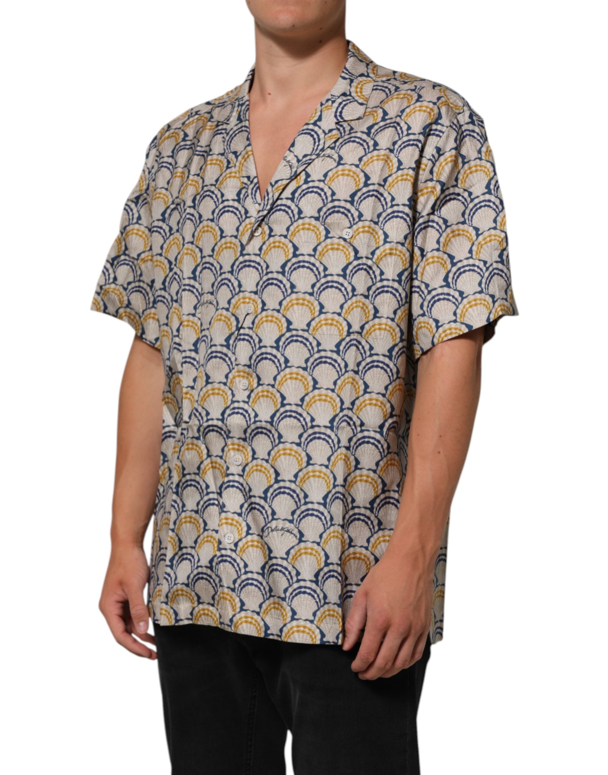 Dolce & Gabbana Cream Cotton Silk Hawaii Scallop Shell Print Men's Shirt