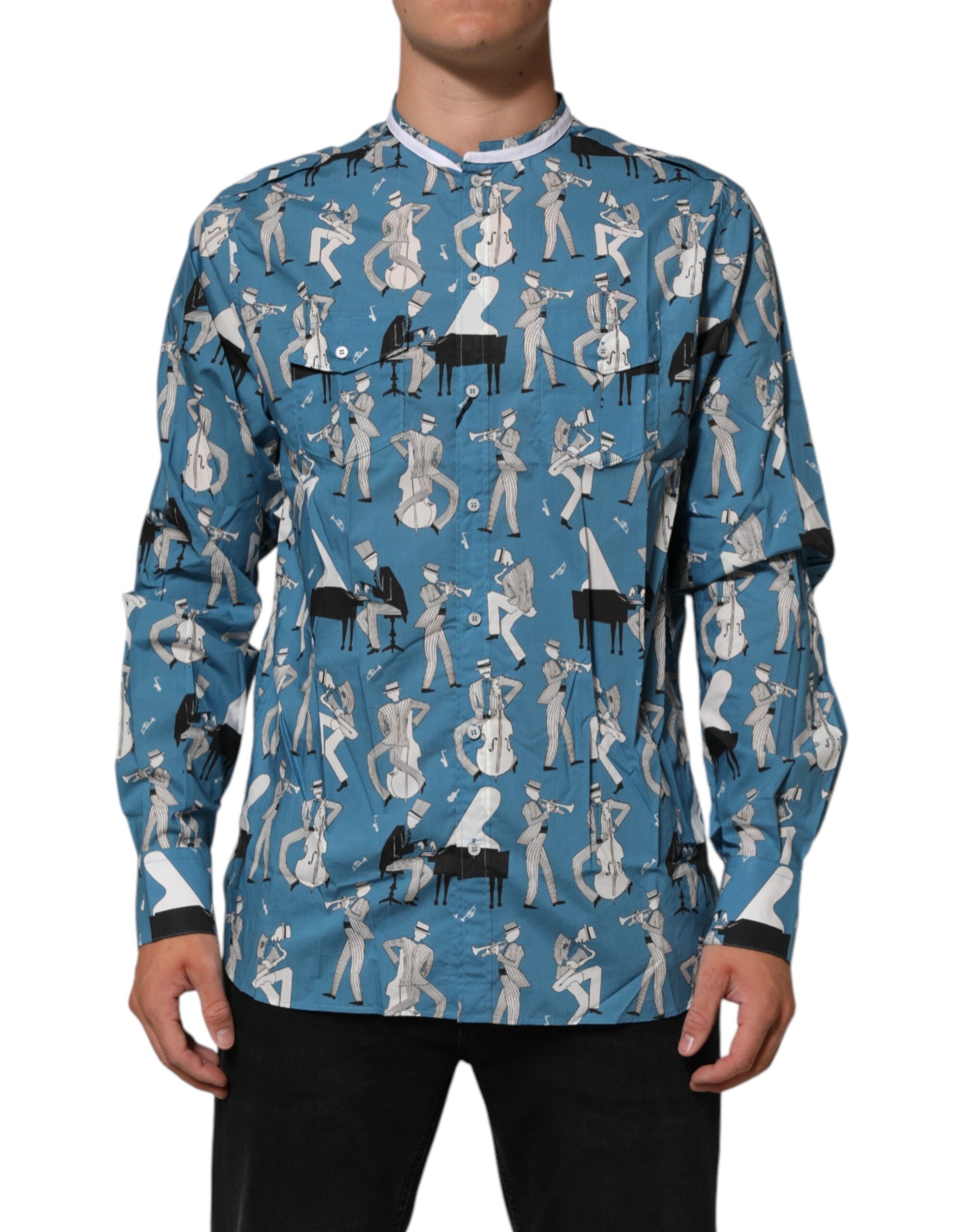 Dolce & Gabbana Blue Jazz Printed Cotton Button Front Men's Shirt