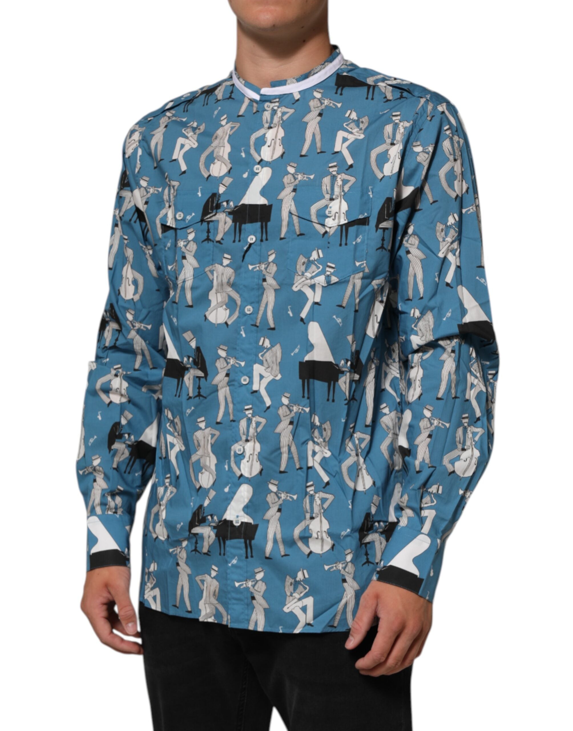 Dolce & Gabbana Blue Jazz Printed Cotton Button Front Men's Shirt