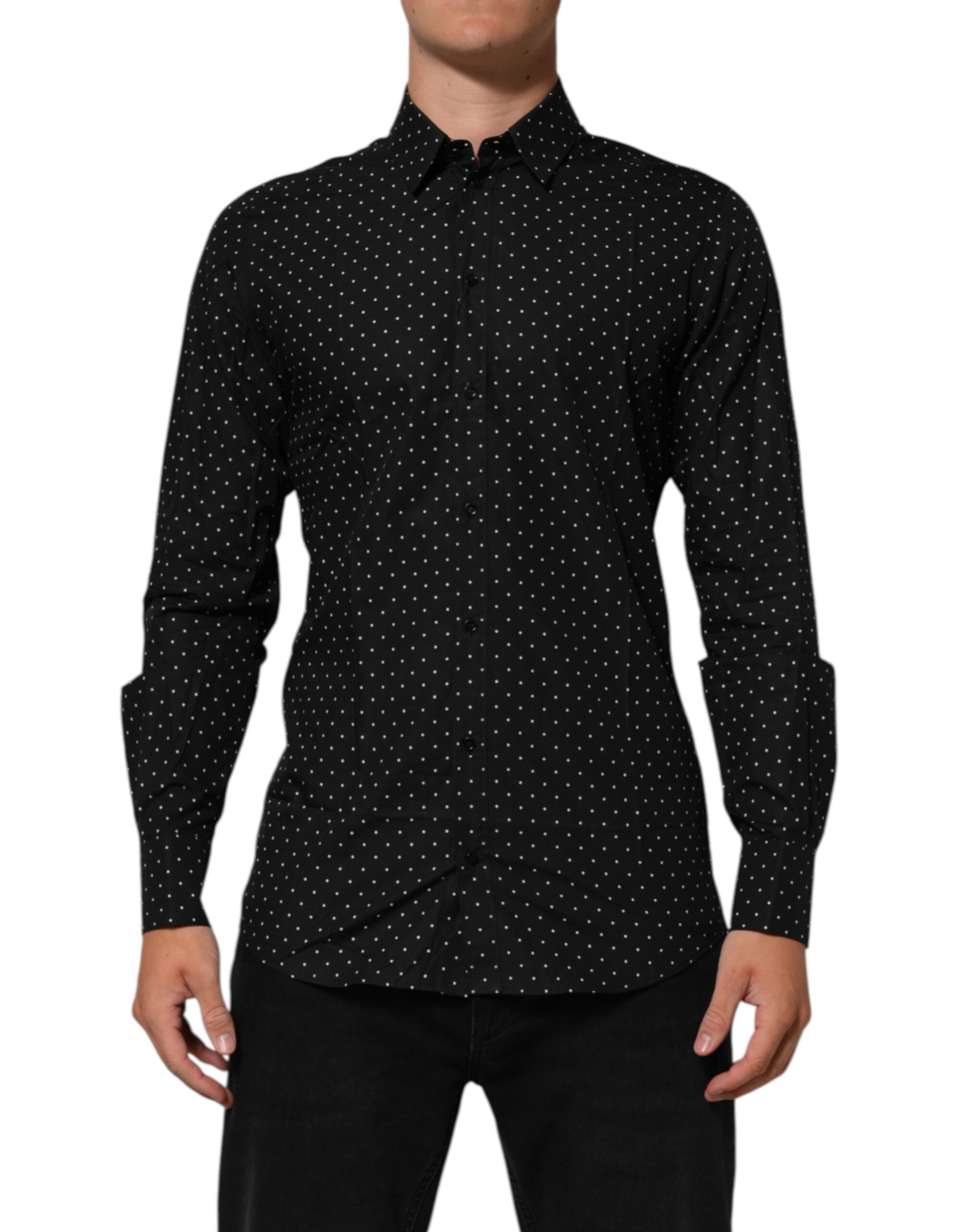 Dolce & Gabbana Black Polka Dot Cotton GOLD Men Formal Dress Men's Shirt (Pre-Owned)