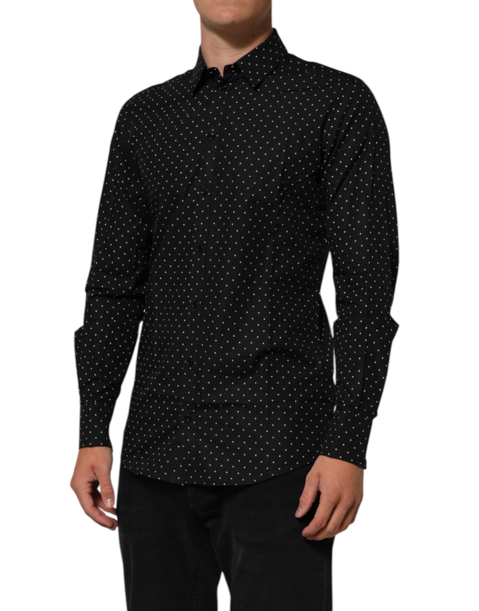 Dolce & Gabbana Black Polka Dot Cotton GOLD Men Formal Dress Men's Shirt (Pre-Owned)
