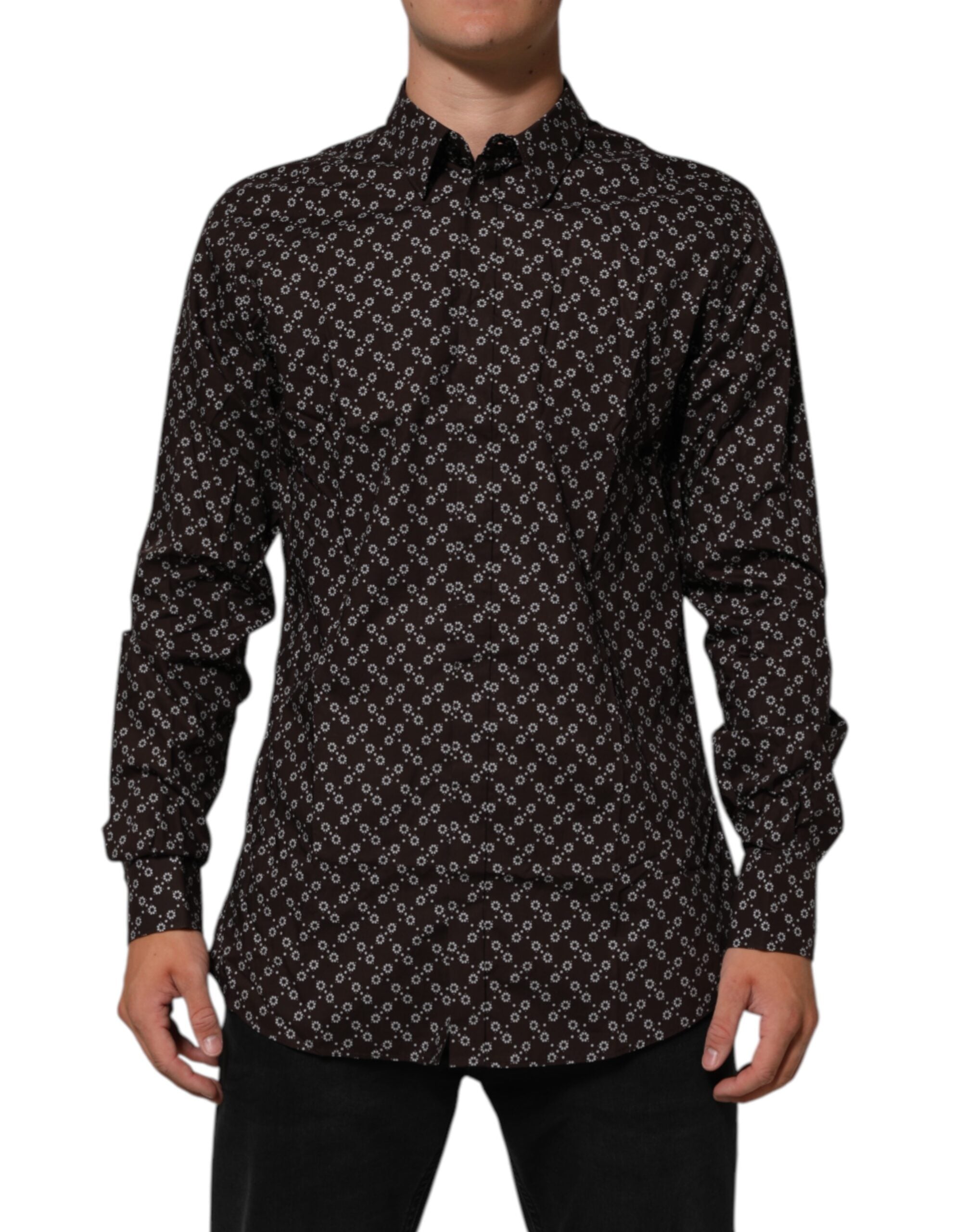 Dolce & Gabbana BrownFloral Collared GOLD Formal Dress Men's Shirt